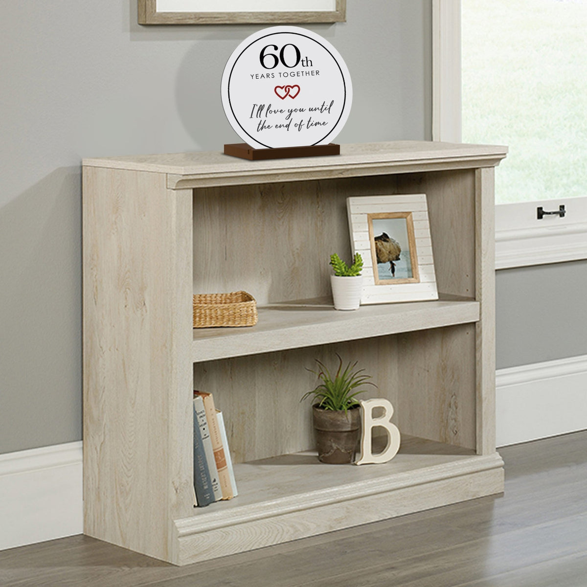 Elegant Wedding Anniversary Celebration Round Sign on Solid Wooden Base - 60th Years Together - LifeSong Milestones