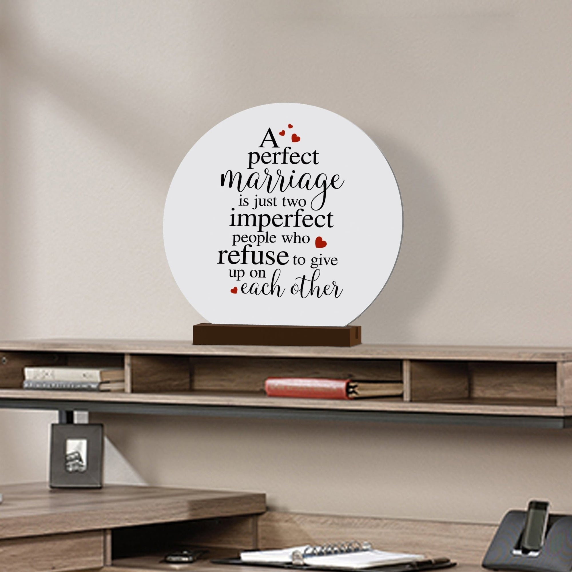 Elegant Wedding Anniversary Celebration Round Sign on Solid Wooden Base - A Perfect Marriage - LifeSong Milestones
