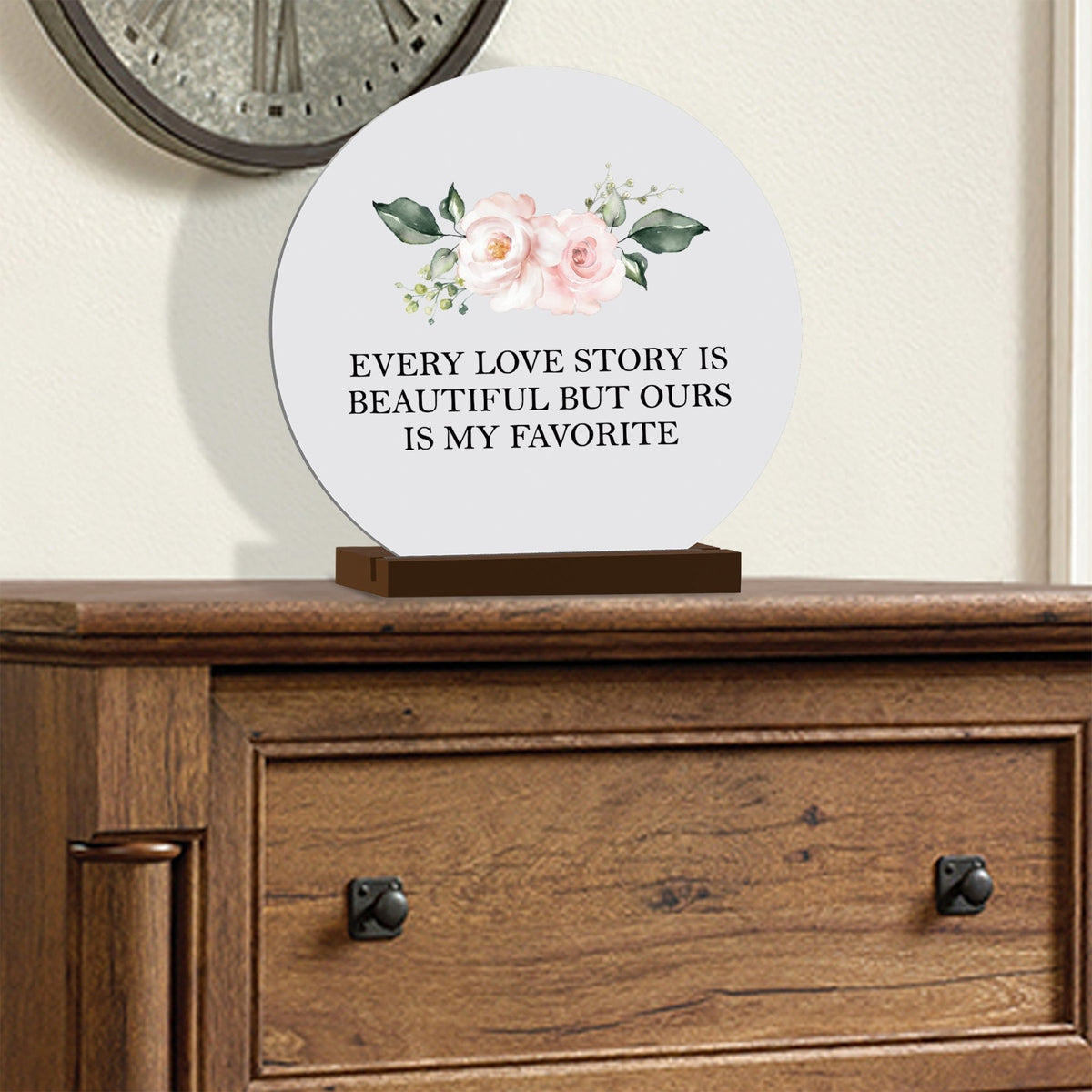 Elegant Wedding Anniversary Celebration Round Sign on Solid Wooden Base - Every Love Story Is Beautiful - LifeSong Milestones
