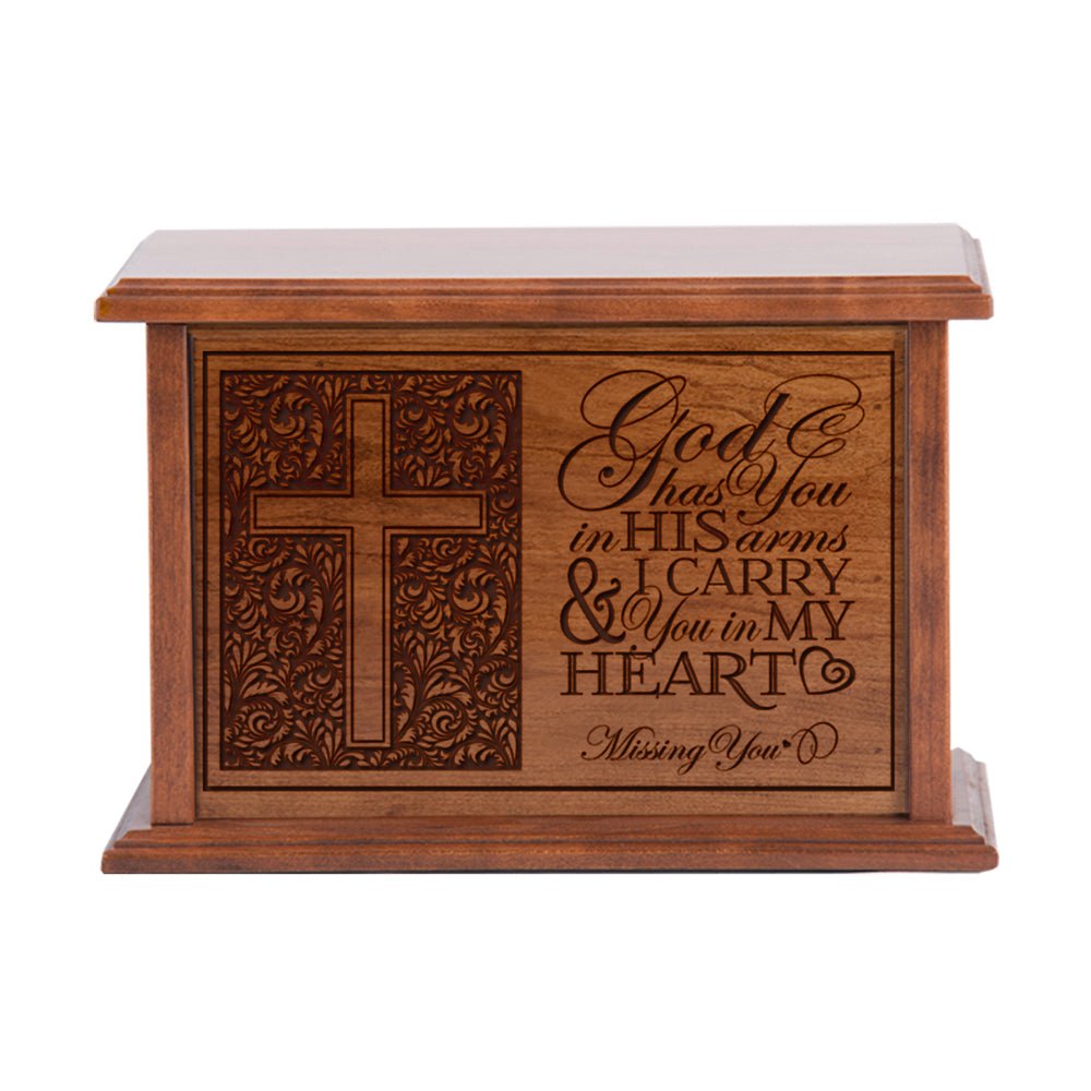 Engraved Cherry Wood Cremation Urn God Has You In His Arms 10.5x7.5 - LifeSong Milestones