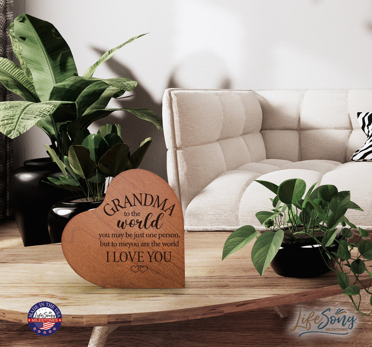 Engraved Wooden Heart Block 5” x 5.25” x 0.75”- Grandma To The World - LifeSong Milestones