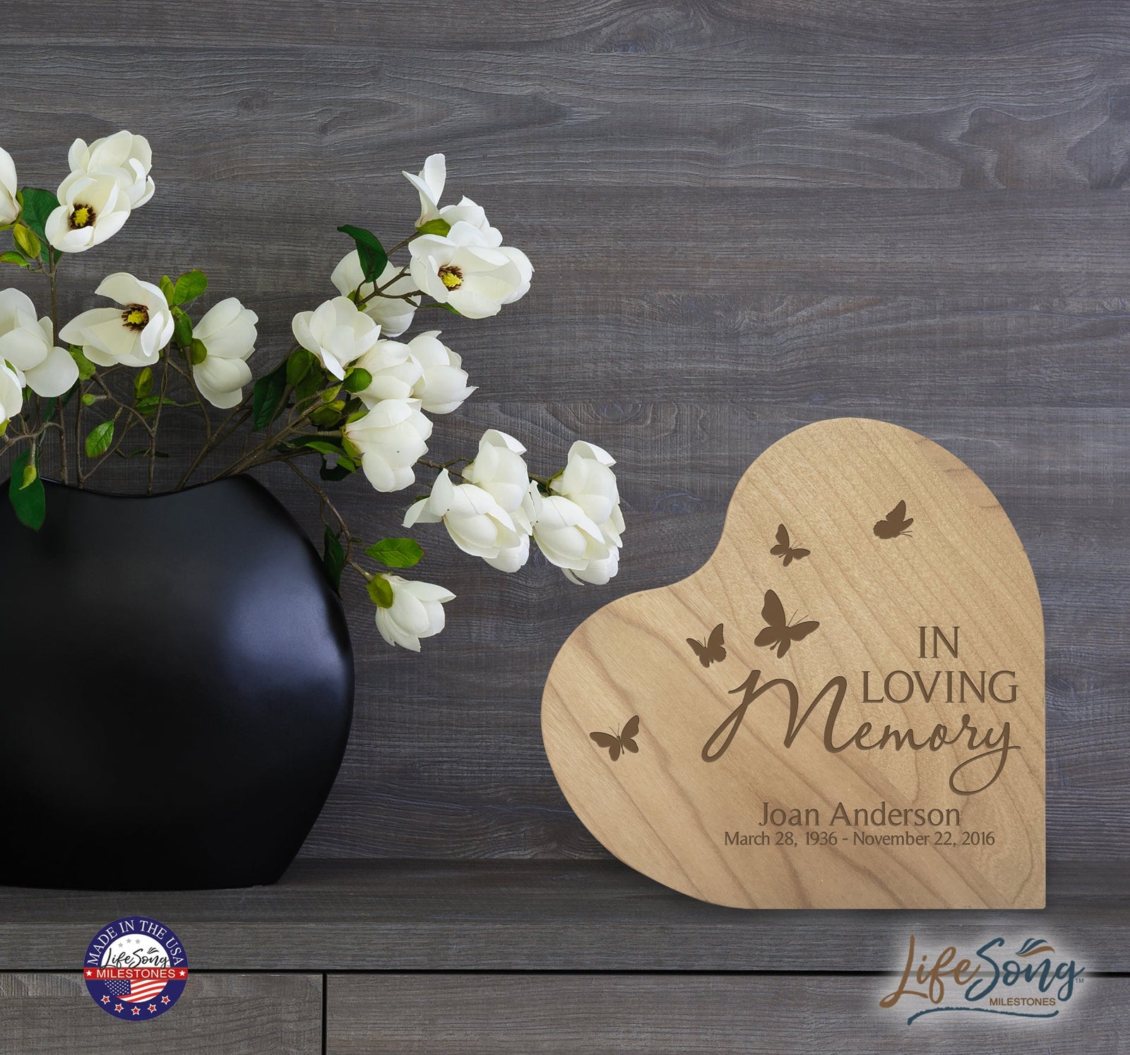 Engraved Wooden Heart Block 5” x 5.25” x 0.75” - In Loving Memory (butterflies) - LifeSong Milestones