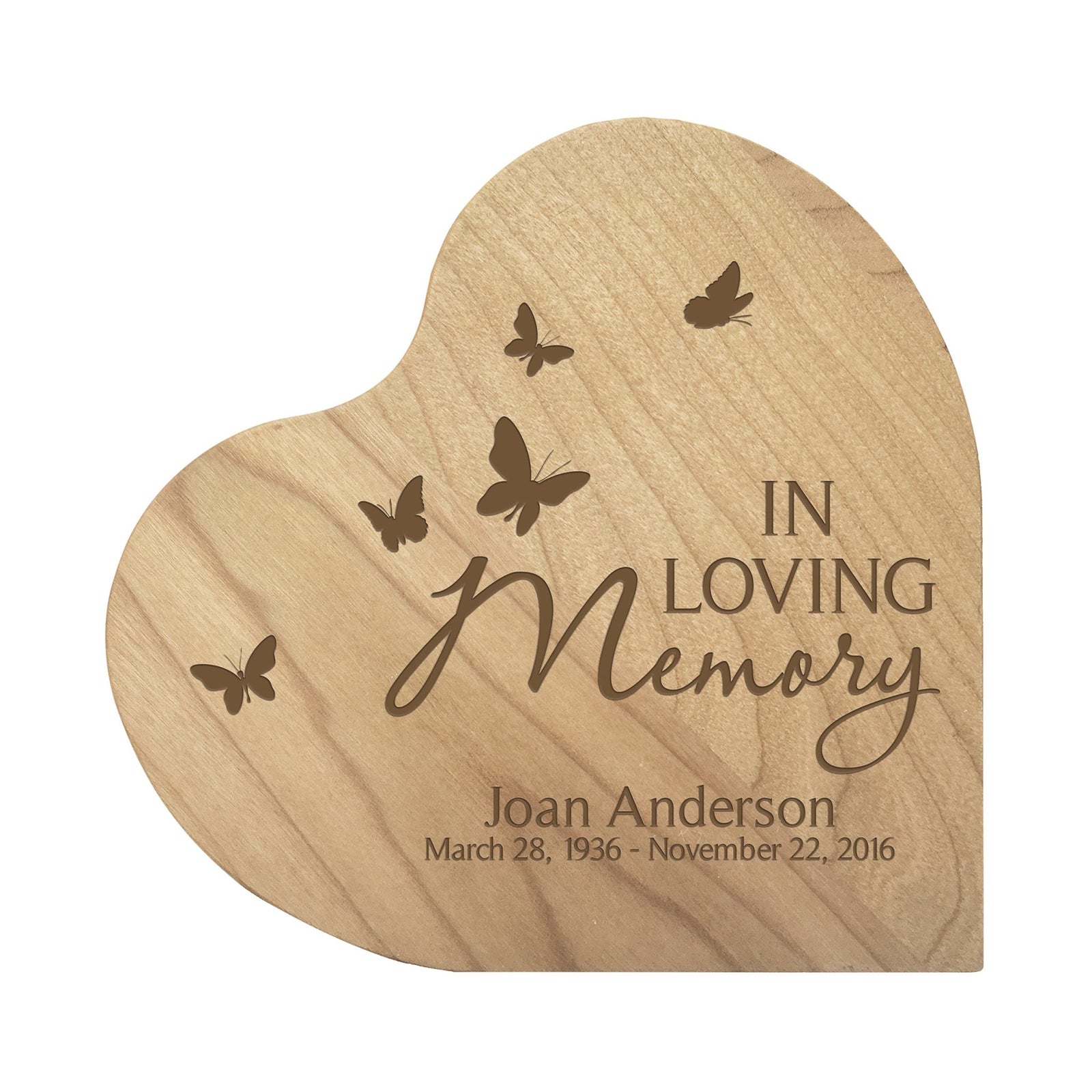 Engraved Wooden Heart Block 5” x 5.25” x 0.75” - In Loving Memory (butterflies) - LifeSong Milestones