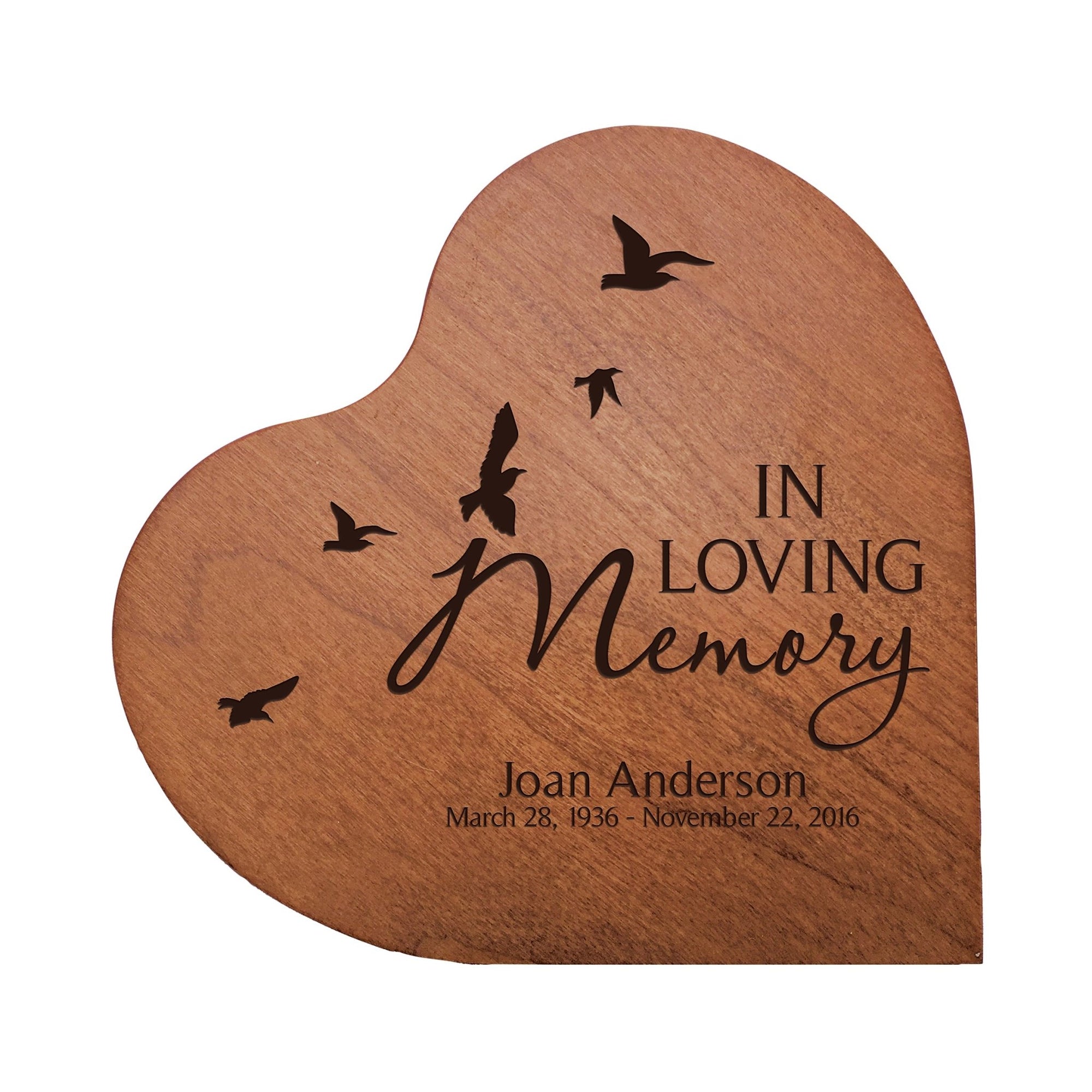 Engraved Wooden Heart Block 5” x 5.25” x 0.75” - In Loving Memory (dove) - LifeSong Milestones