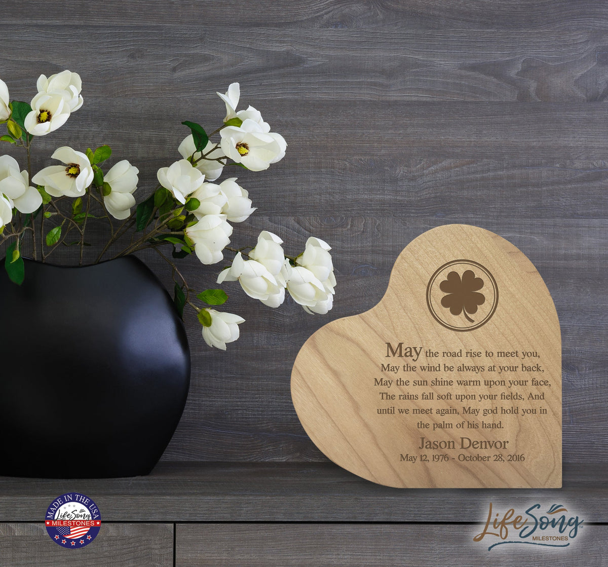 Engraved Wooden Heart Block 5” x 5.25” x 0.75” - May The Road Rise To Meet You - LifeSong Milestones