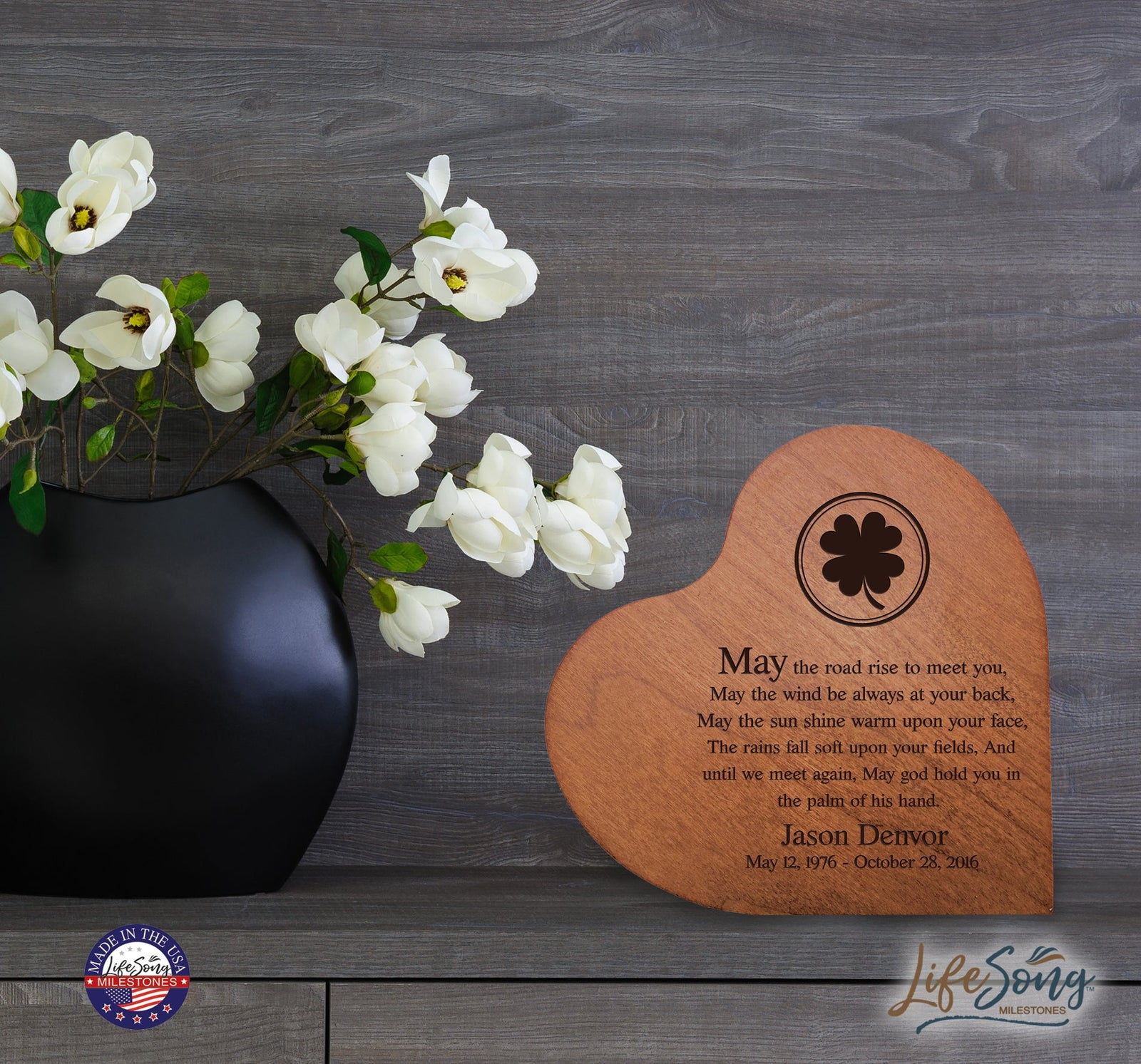 Engraved Wooden Heart Block 5” x 5.25” x 0.75” - May The Road Rise To Meet You - LifeSong Milestones