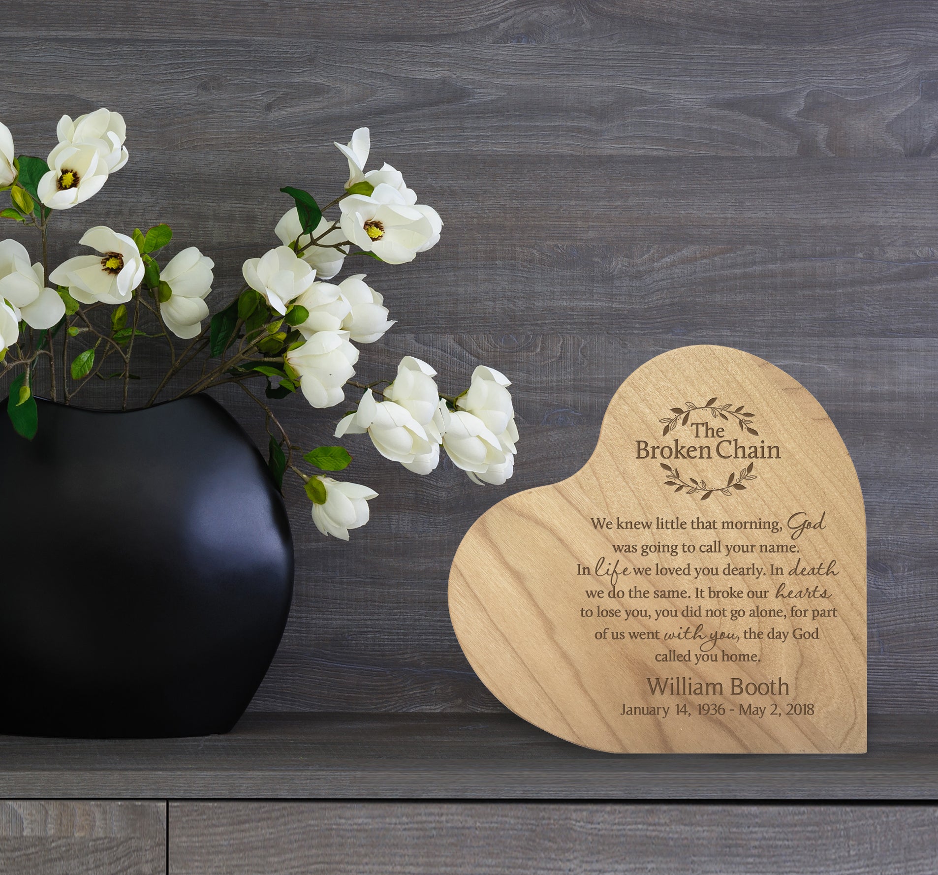 Engraved Wooden Heart Block 5” x 5.25” x 0.75”- The Broken Chain - LifeSong Milestones