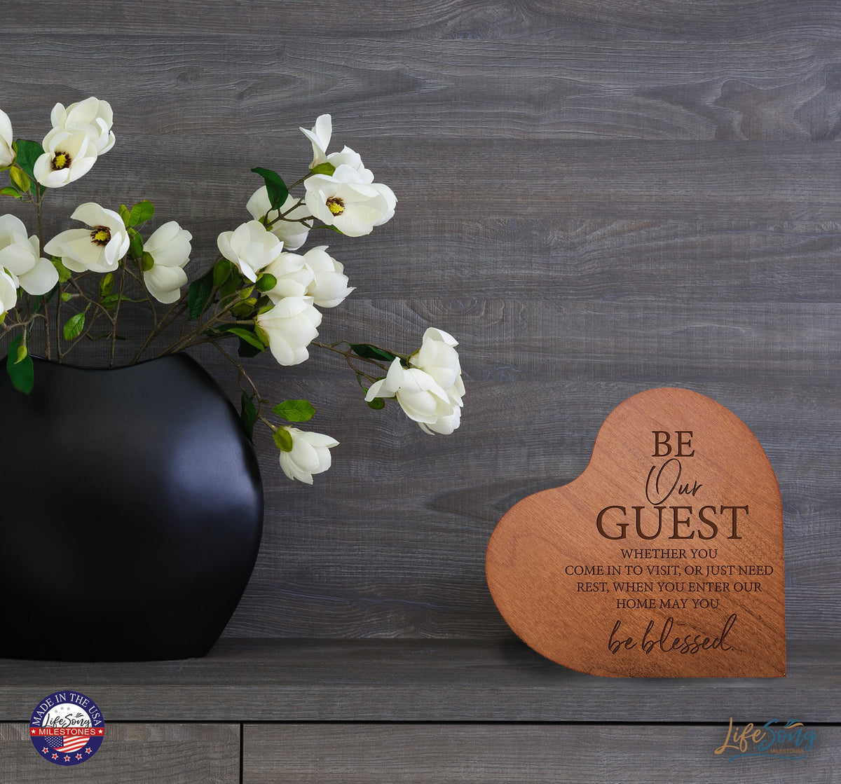 Engraved Wooden Inspirational Heart Block 5” x 5.25” x 0.75” - Be Our Guest - LifeSong Milestones
