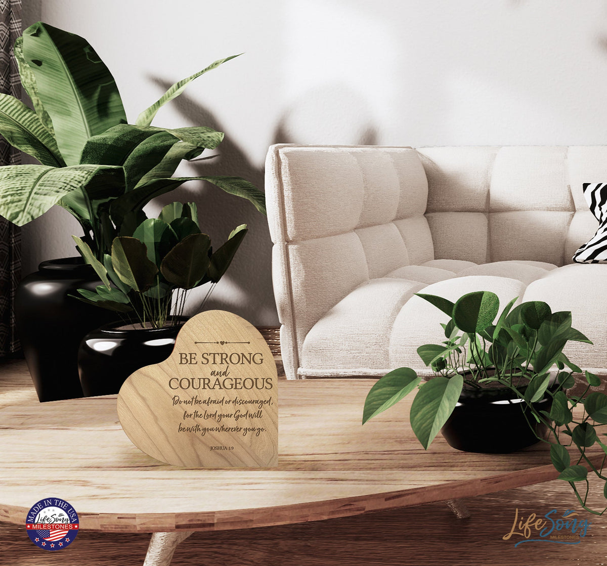 Engraved Wooden Inspirational Heart Block 5” x 5.25” x 0.75” - Be Strong and Courageous - LifeSong Milestones