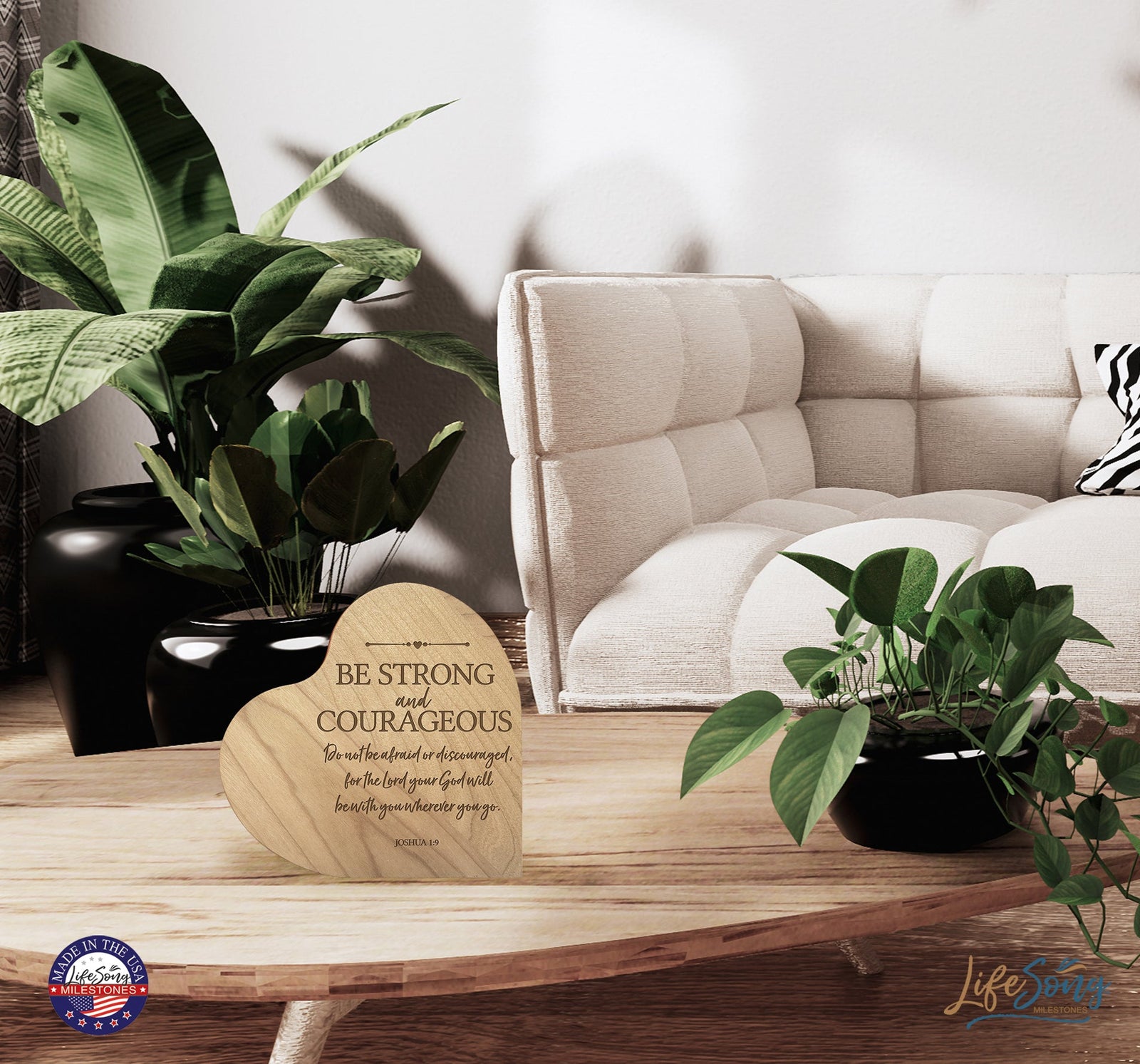 Engraved Wooden Inspirational Heart Block 5” x 5.25” x 0.75” - Be Strong and Courageous - LifeSong Milestones