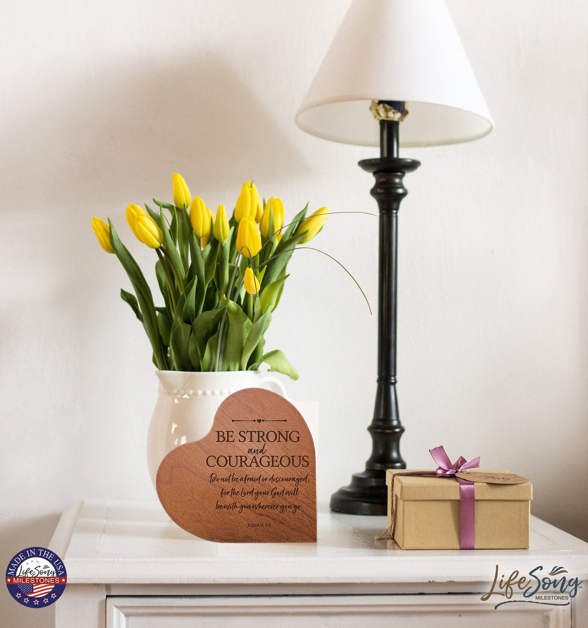 Engraved Wooden Inspirational Heart Block 5” x 5.25” x 0.75” - Be Strong and Courageous - LifeSong Milestones