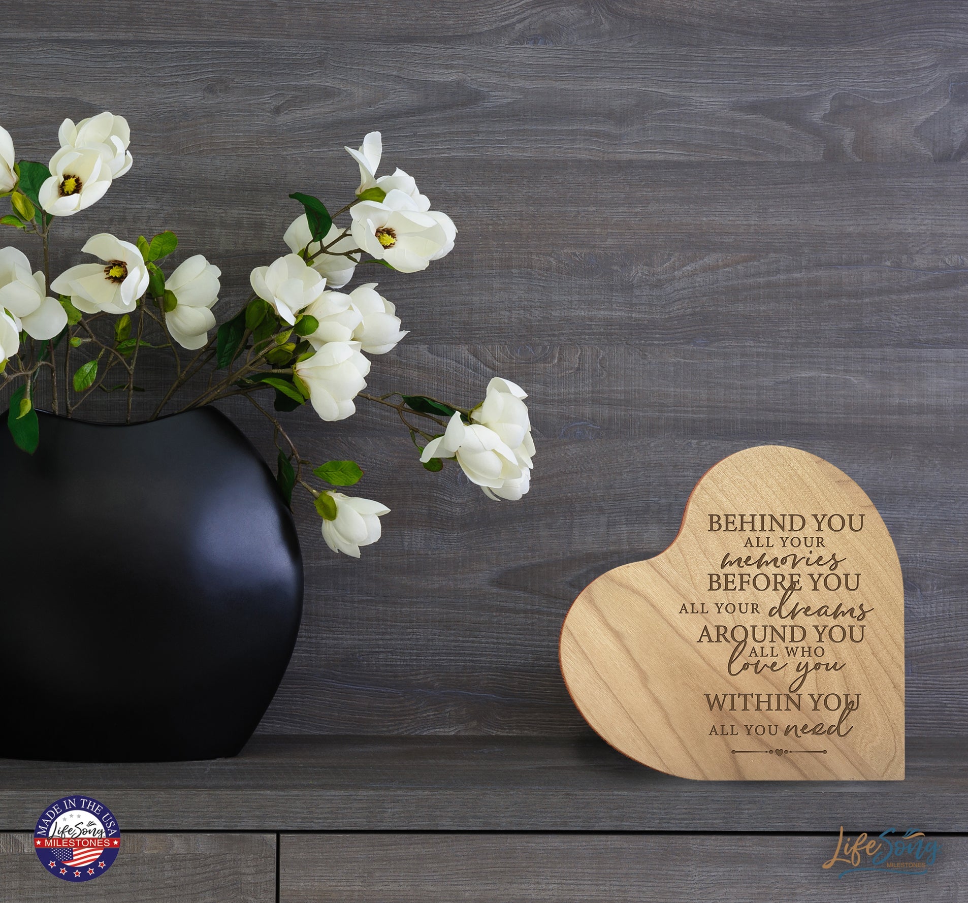 Engraved Wooden Inspirational Heart Block 5” x 5.25” x 0.75” - Behind All Your - LifeSong Milestones