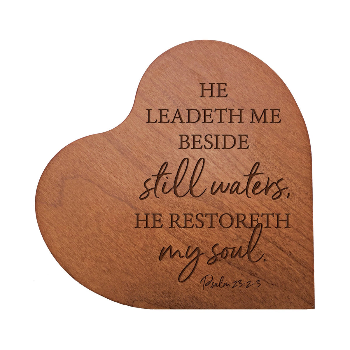 Engraved Wooden Inspirational Heart Block 5” x 5.25” x 0.75” - He Leadeth Me Beside - LifeSong Milestones