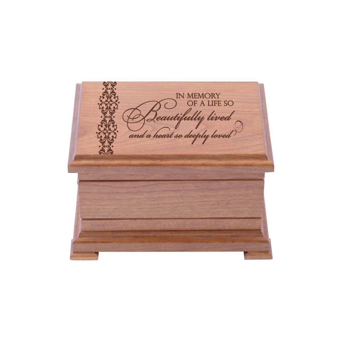 Engraved Wooden Urn Box for Human Ashes 9.75" x 7.75" x 4.25" holds 210 cu in In Memory Of A Life - LifeSong Milestones
