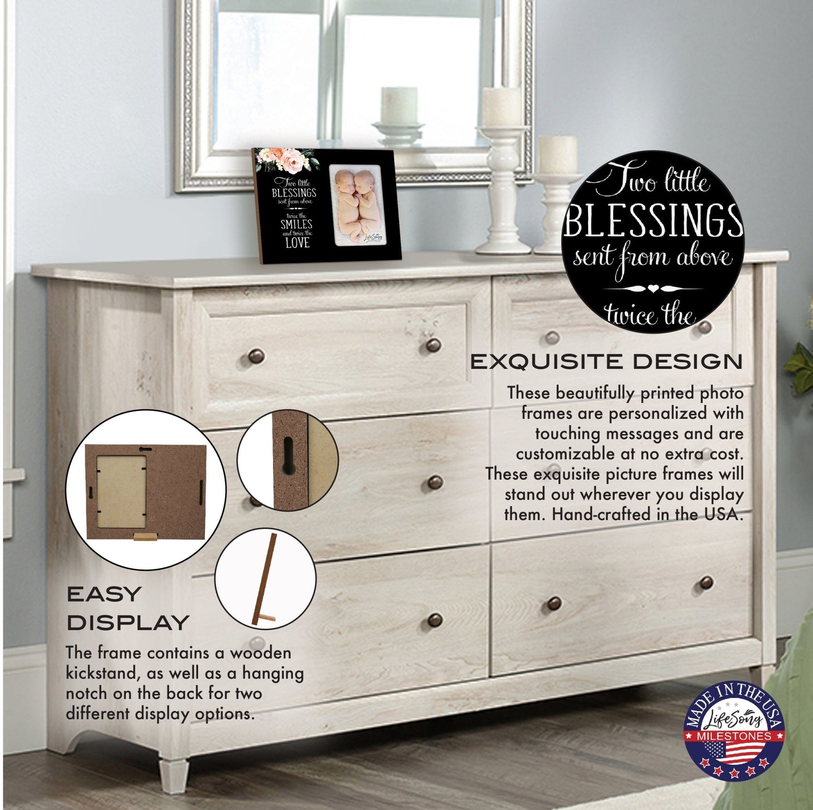 Floral Newborn Baby Twins Announcement Wooden Wall And Tabletop Photo Frame For New Parents Gift Ideas - LifeSong Milestones