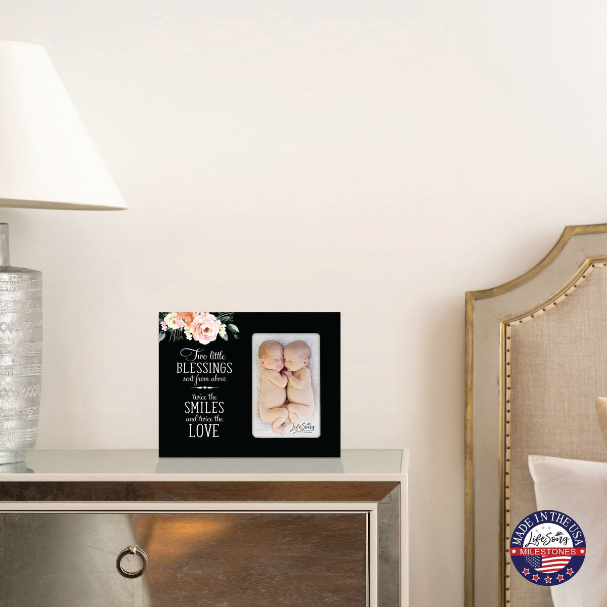 Floral Newborn Baby Twins Announcement Wooden Wall And Tabletop Photo Frame For New Parents Gift Ideas - LifeSong Milestones