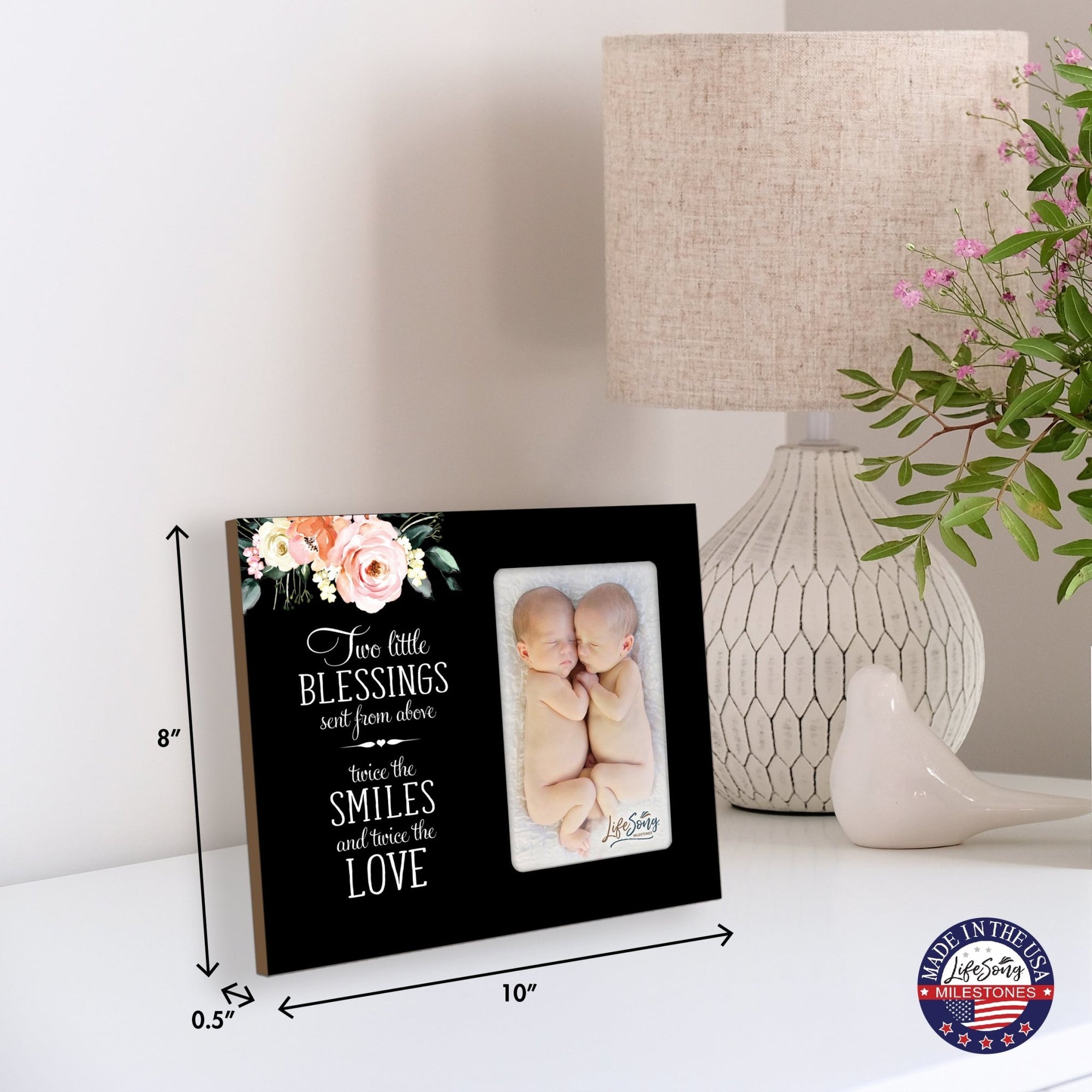 Floral Newborn Baby Twins Announcement Wooden Wall And Tabletop Photo Frame For New Parents Gift Ideas - LifeSong Milestones