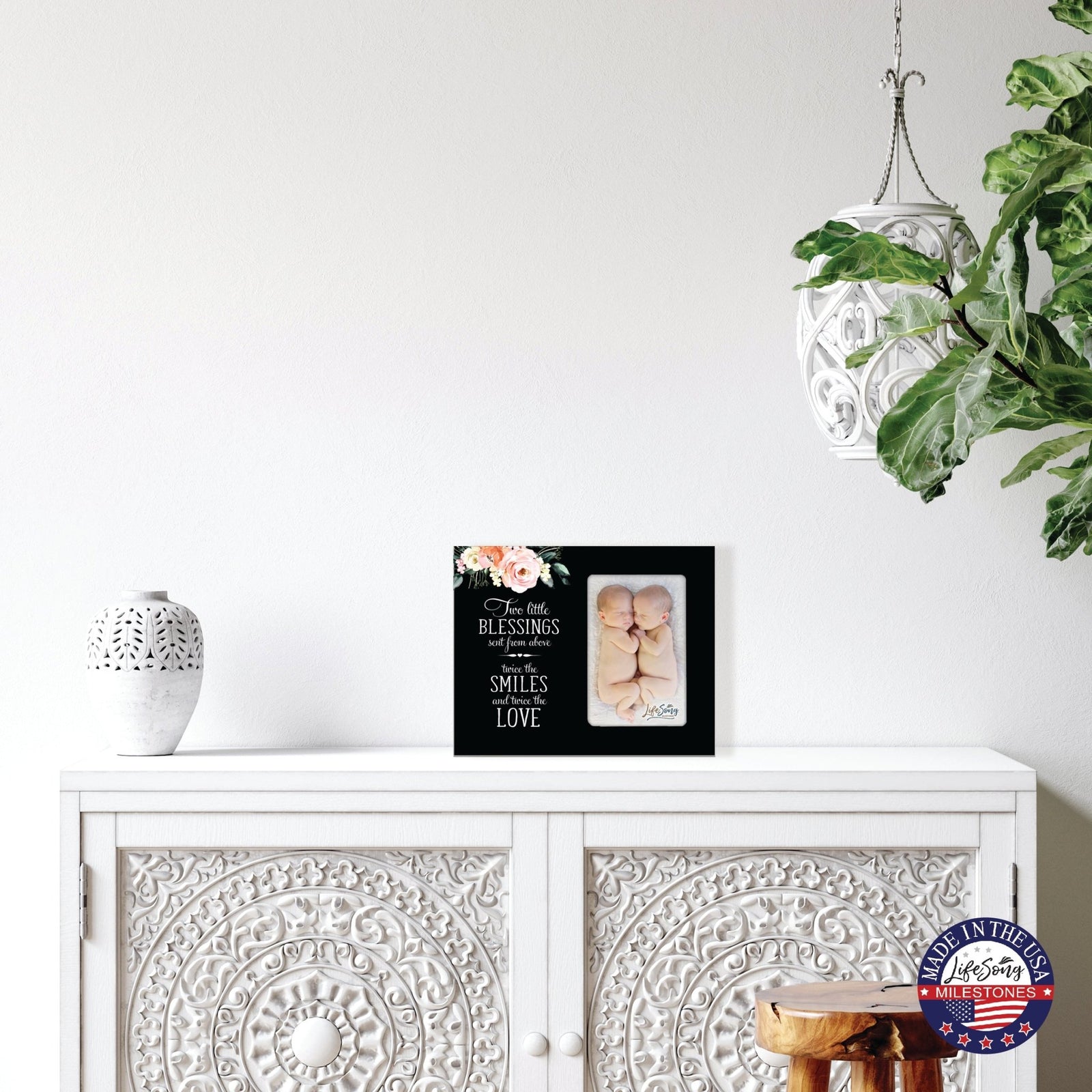 Floral Newborn Baby Twins Announcement Wooden Wall And Tabletop Photo Frame For New Parents Gift Ideas - LifeSong Milestones