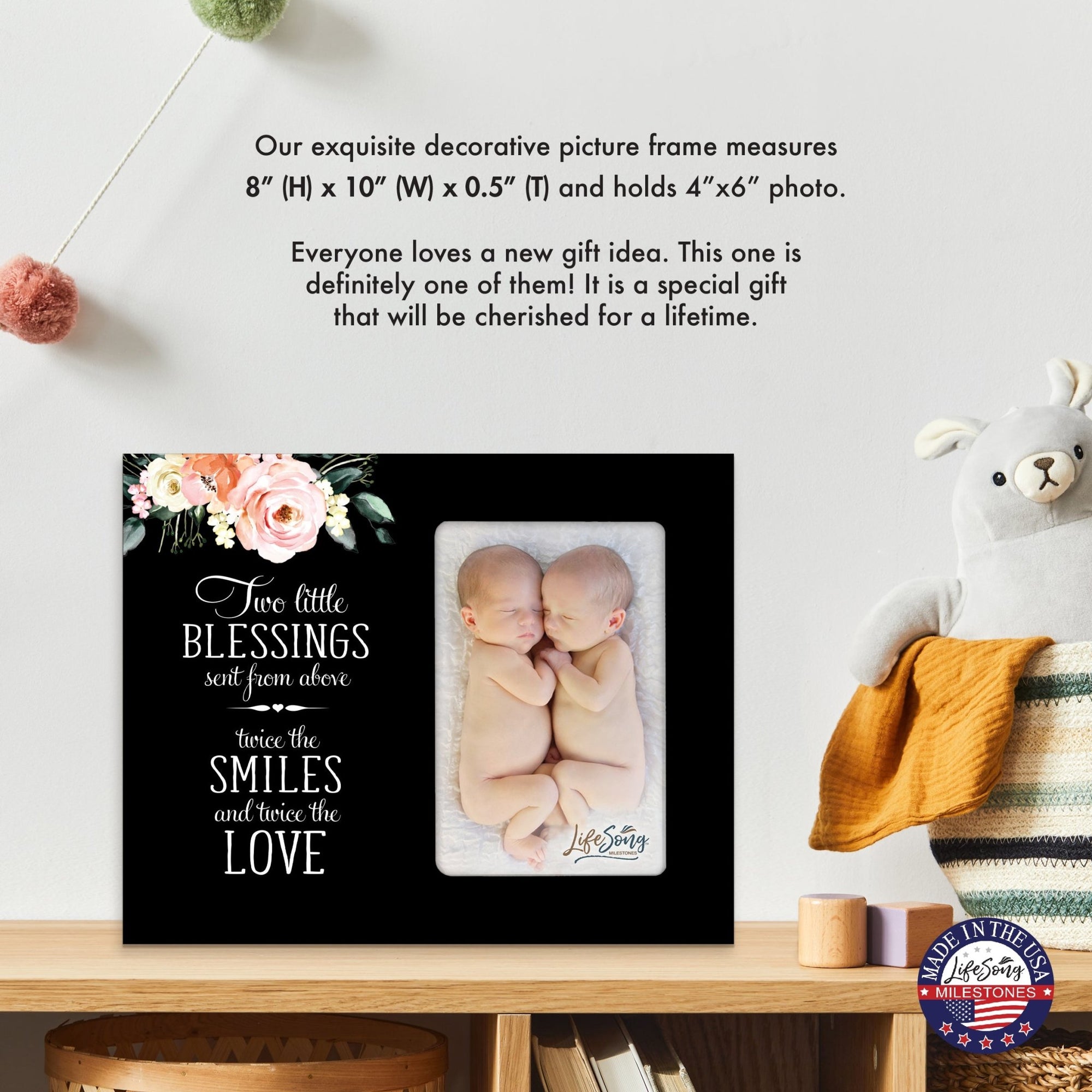 Floral Newborn Baby Twins Announcement Wooden Wall And Tabletop Photo Frame For New Parents Gift Ideas - LifeSong Milestones