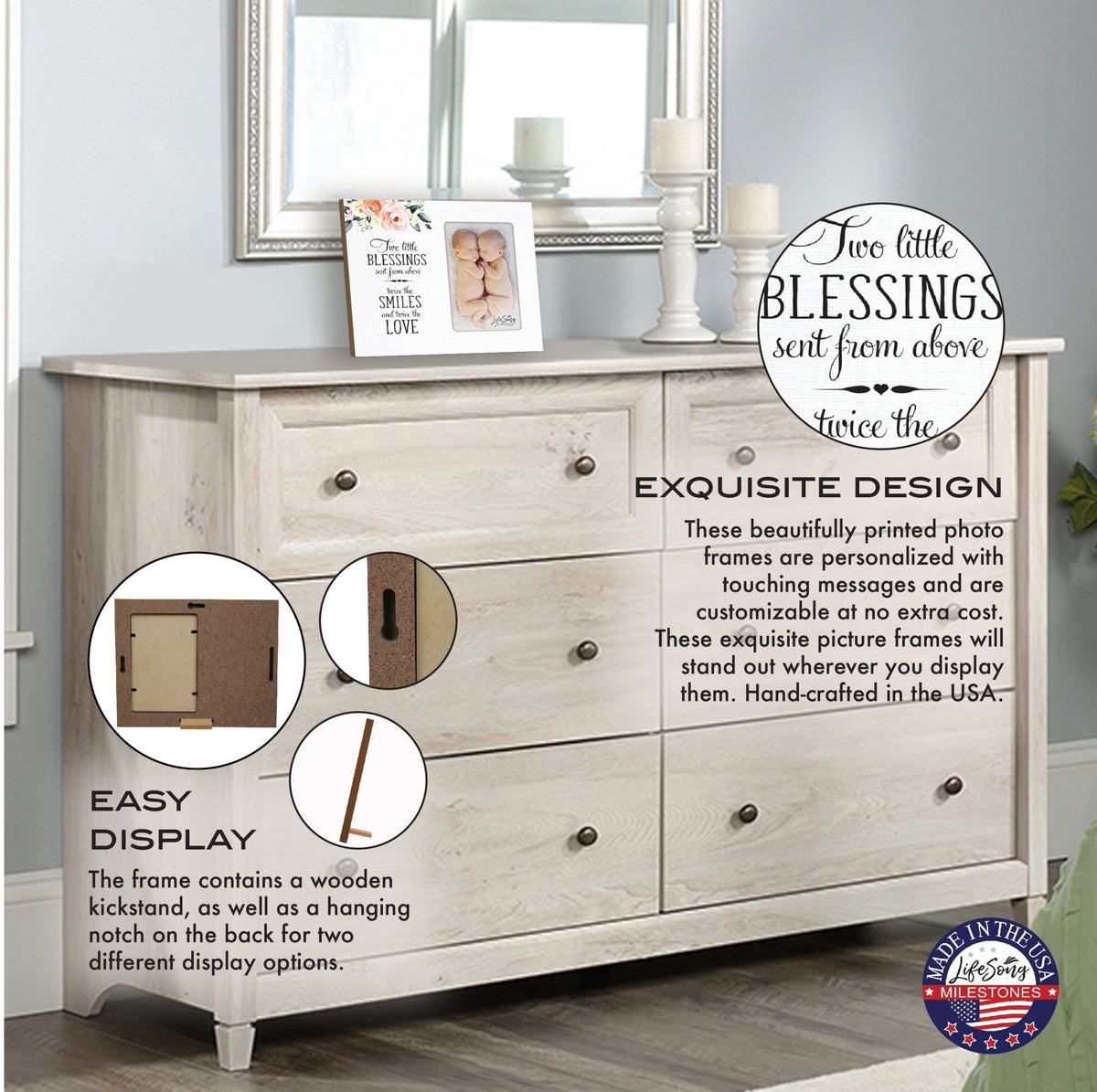 Floral Newborn Baby Twins Announcement Wooden Wall And Tabletop Photo Frame For New Parents Gift Ideas - LifeSong Milestones