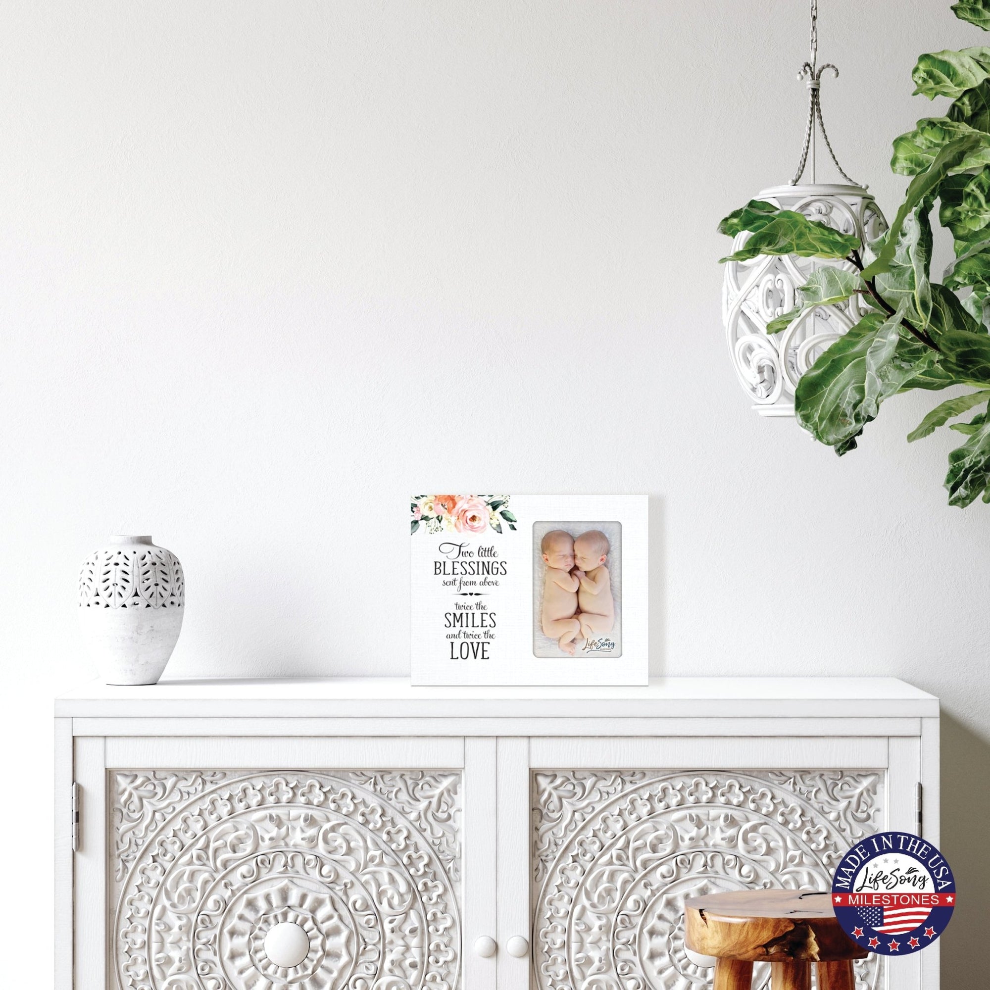 Floral Newborn Baby Twins Announcement Wooden Wall And Tabletop Photo Frame For New Parents Gift Ideas - LifeSong Milestones