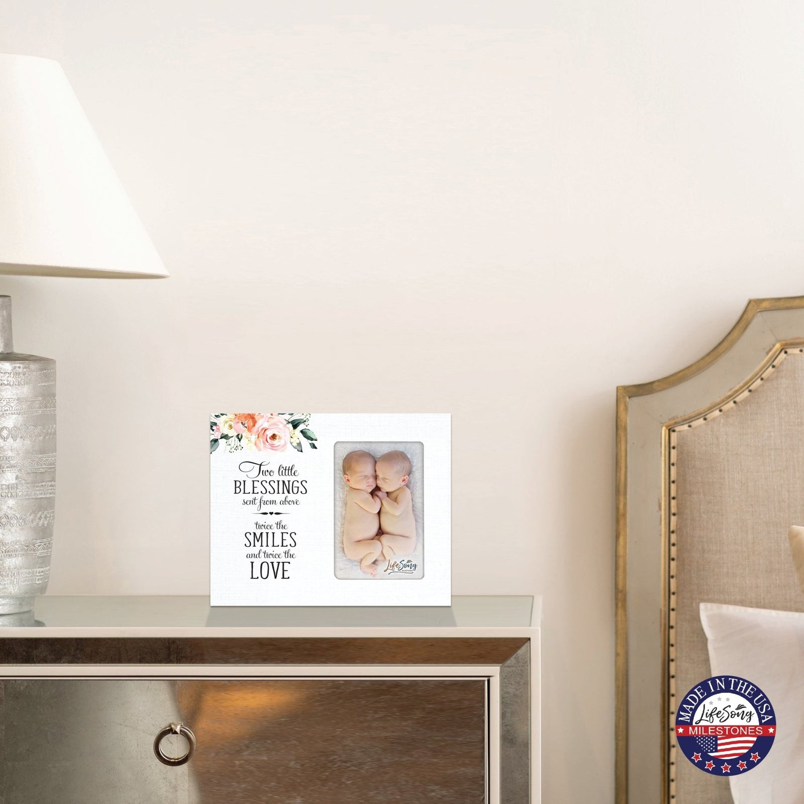 Floral Newborn Baby Twins Announcement Wooden Wall And Tabletop Photo Frame For New Parents Gift Ideas - LifeSong Milestones