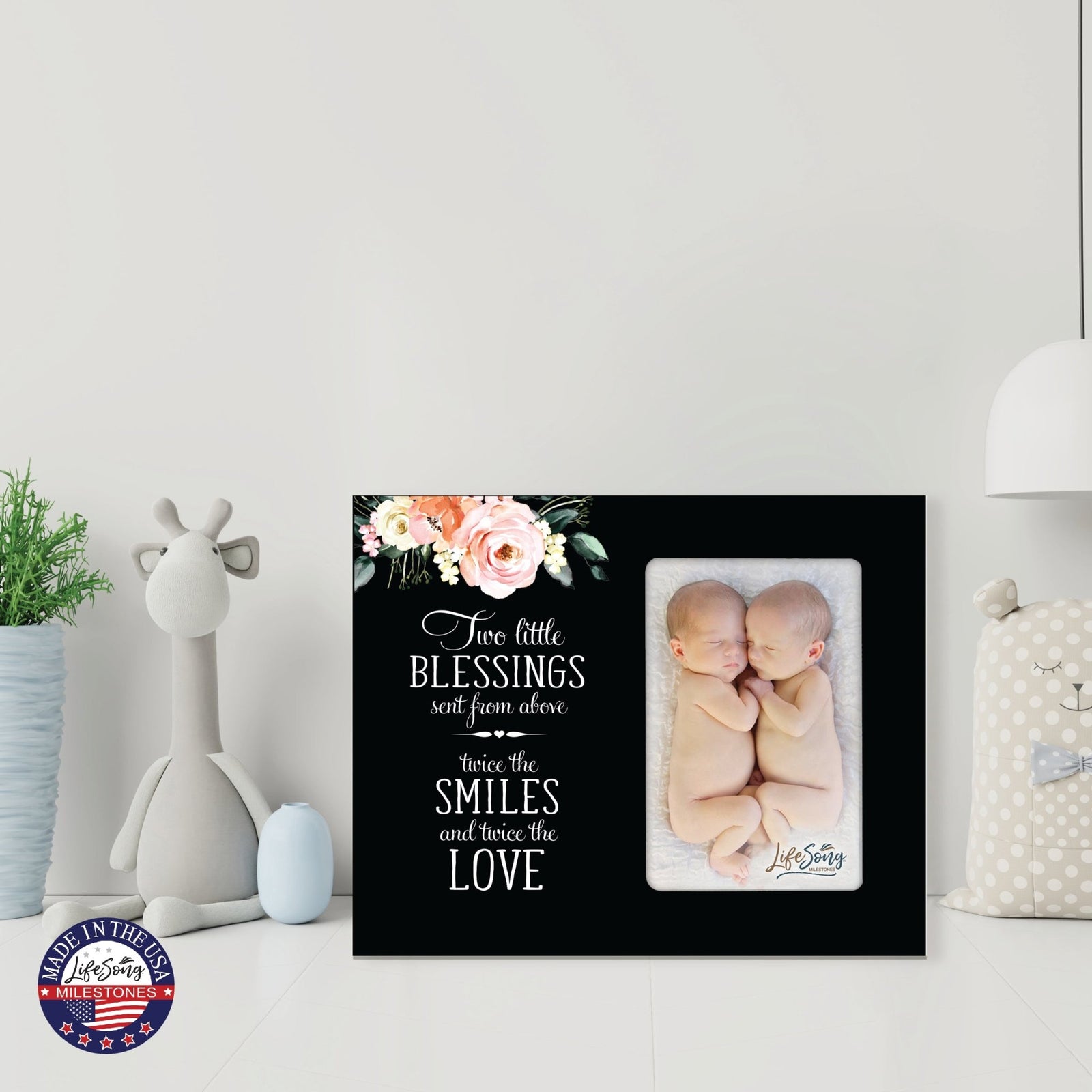 Floral Newborn Baby Twins Announcement Wooden Wall And Tabletop Photo Frame For New Parents Gift Ideas - LifeSong Milestones