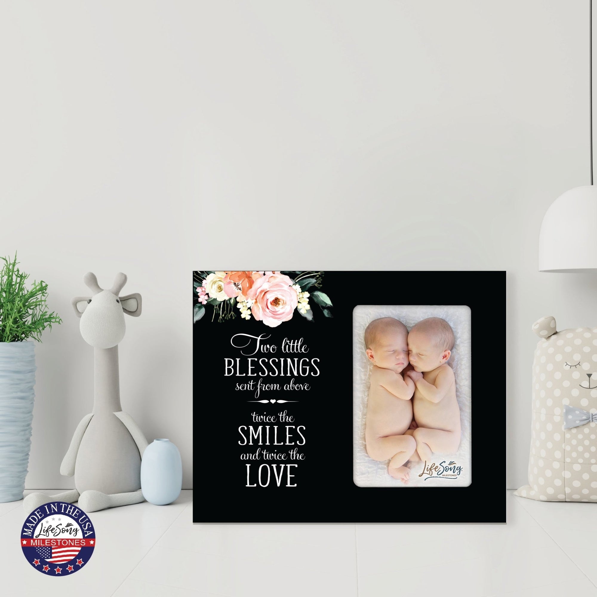 Floral Newborn Baby Twins Announcement Wooden Wall And Tabletop Photo Frame For New Parents Gift Ideas - LifeSong Milestones