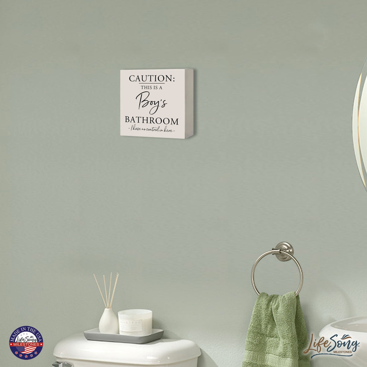 Funny Bathroom Decor 6x6 Shadow Box Caution Boys Bathroom - LifeSong Milestones