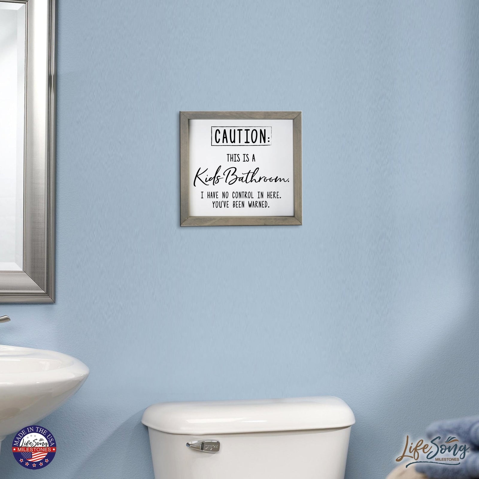 Funny Bathroom Decor Framed Shadow Box 11.5x11.5 (Caution Kids Bathroom) - LifeSong Milestones