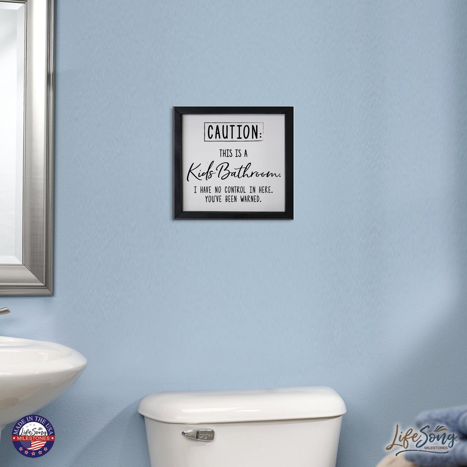 Funny Bathroom Decor Framed Shadow Box 11.5x11.5 (Caution Kids Bathroom) - LifeSong Milestones