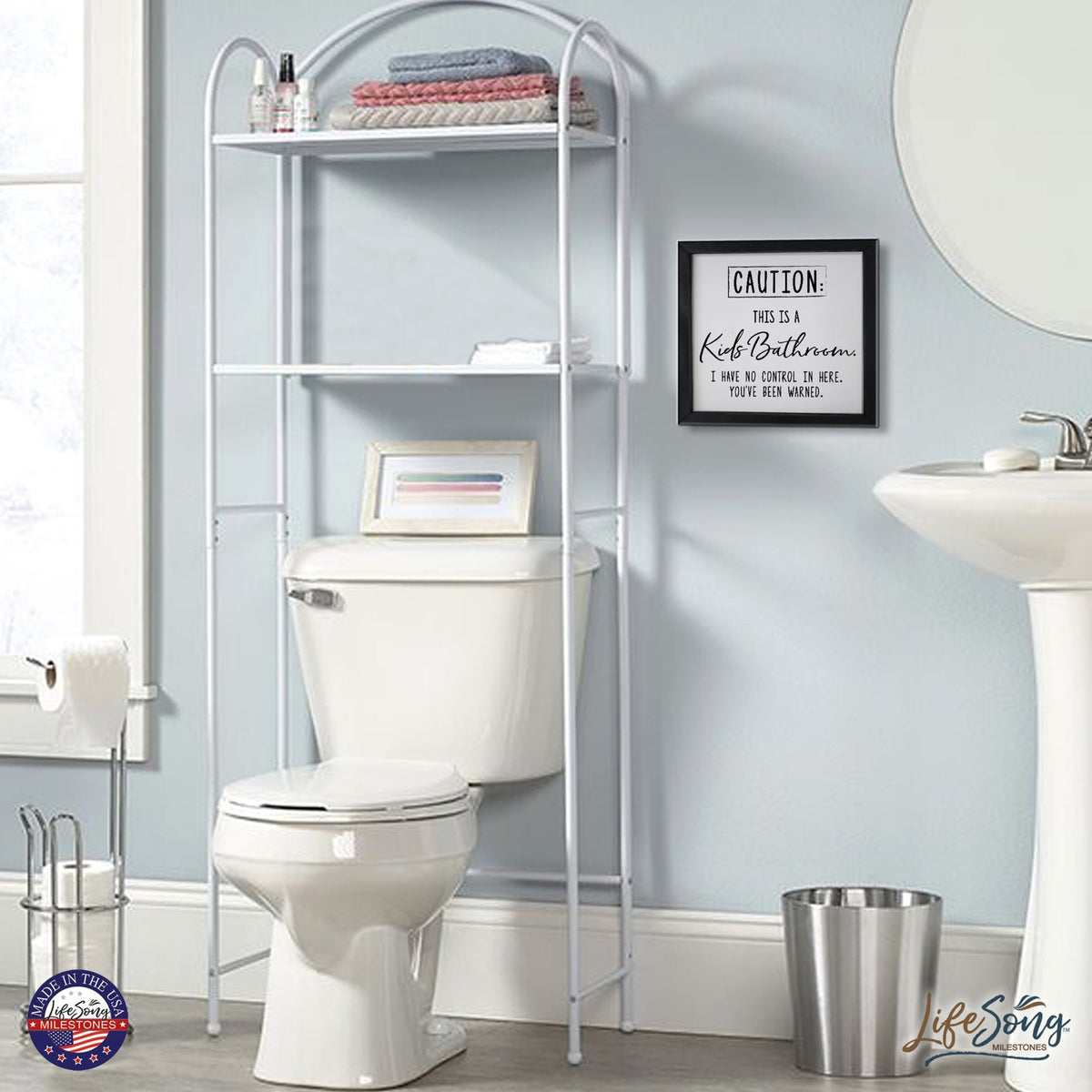 Funny Bathroom Decor Framed Shadow Box 11.5x11.5 (Caution Kids Bathroom) - LifeSong Milestones