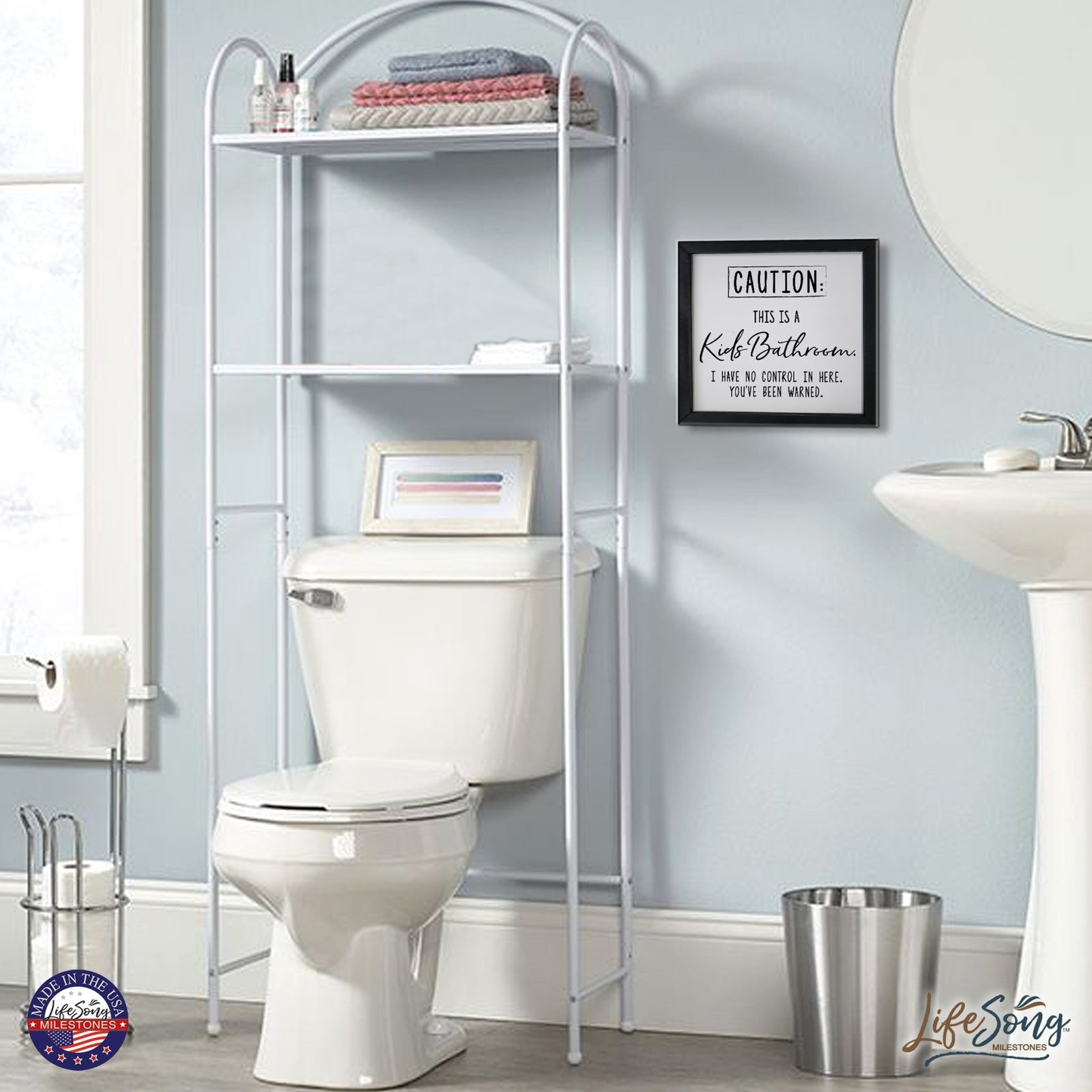 Funny Bathroom Decor Framed Shadow Box 11.5x11.5 (Caution Kids Bathroom) - LifeSong Milestones