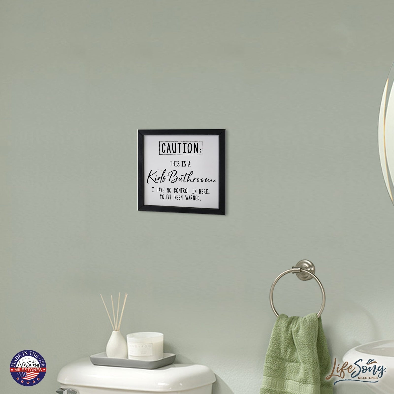 Funny Bathroom Decor Framed Shadow Box 11.5x11.5 (Caution Kids Bathroom) - LifeSong Milestones