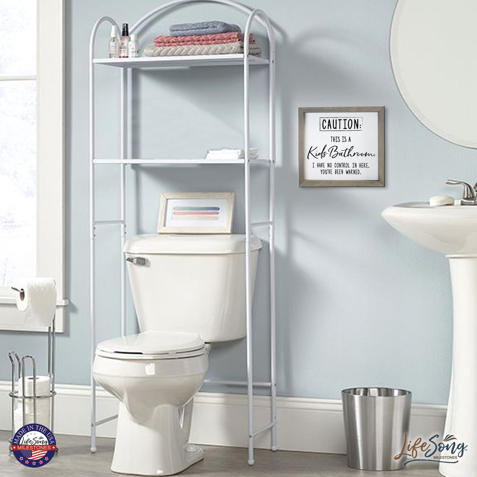 Funny Bathroom Decor Framed Shadow Box 11.5x11.5 (Caution Kids Bathroom) - LifeSong Milestones
