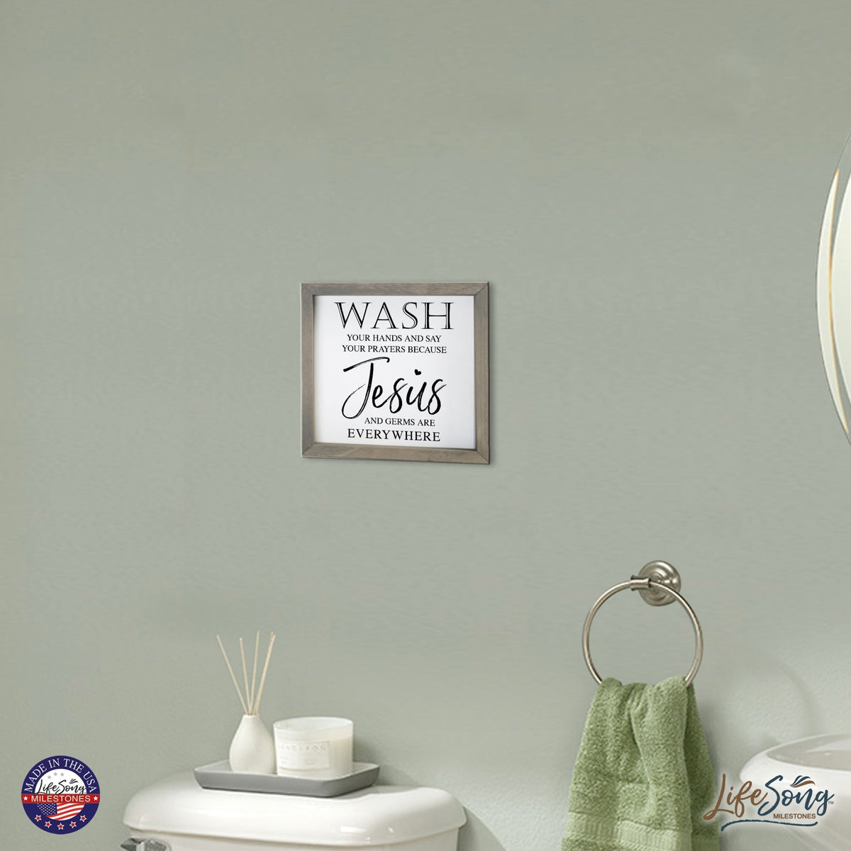 Funny Bathroom Decor Framed Shadow Box 11.5x11.5 (Wash Your Hands Jesus) - LifeSong Milestones