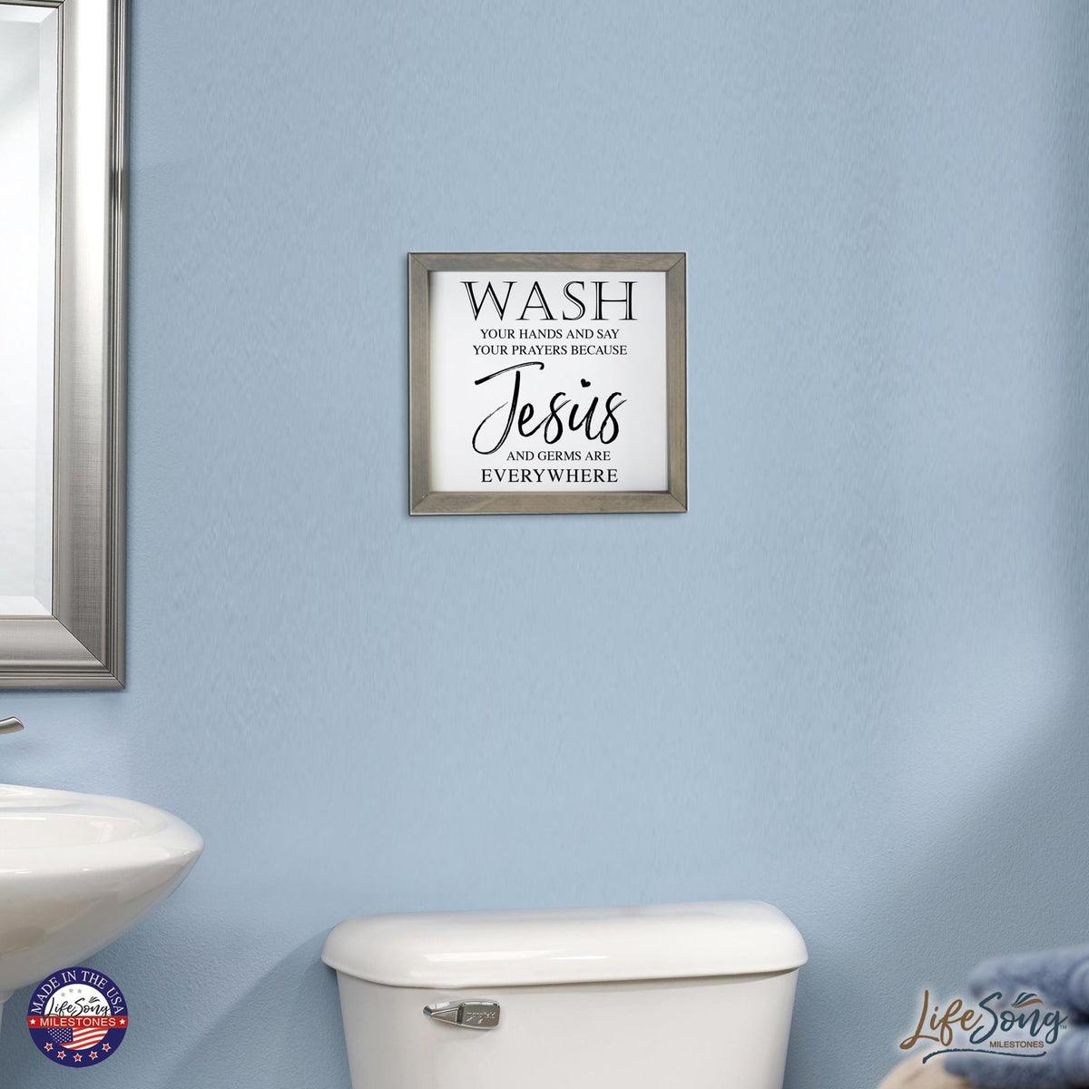 Funny Bathroom Decor Framed Shadow Box 11.5x11.5 (Wash Your Hands Jesus) - LifeSong Milestones