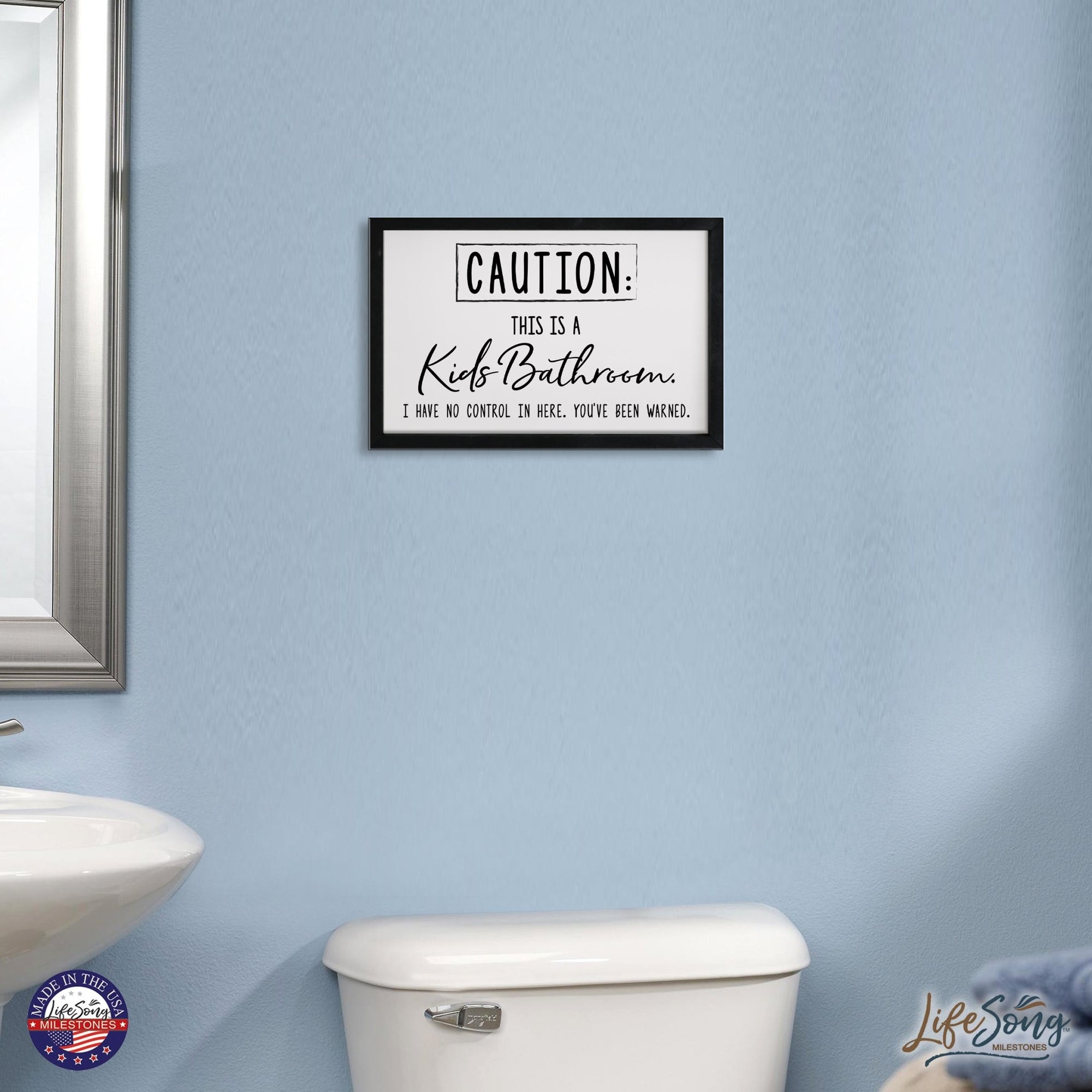 Funny Bathroom Decor Framed Shadow Box 7x10in (Caution Kids Bathroom) - LifeSong Milestones