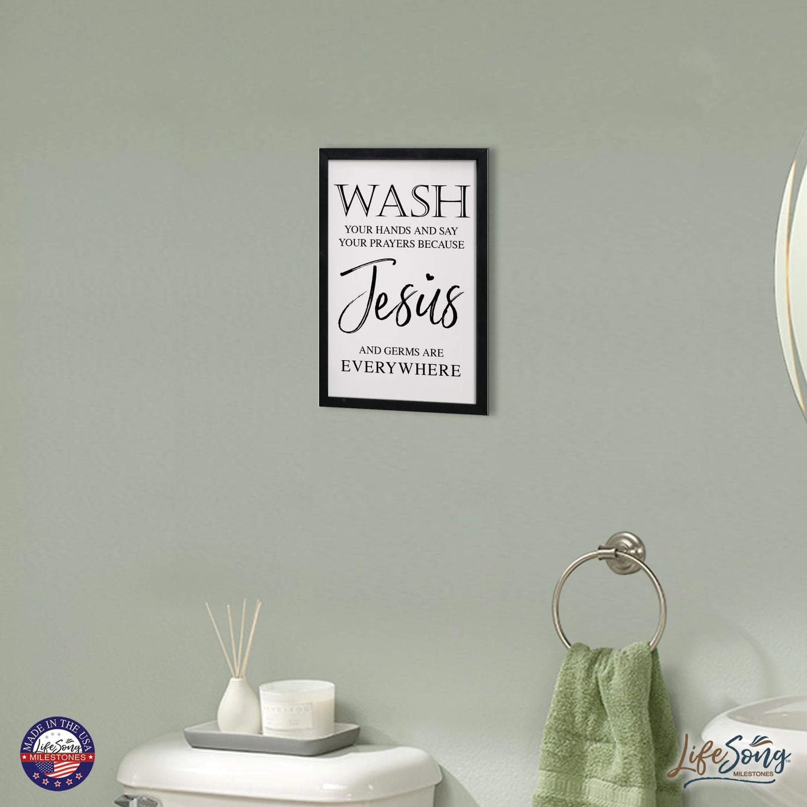 Funny Bathroom Decor Framed Shadow Box 7x10in (Wash Your Hands Jesus) - LifeSong Milestones