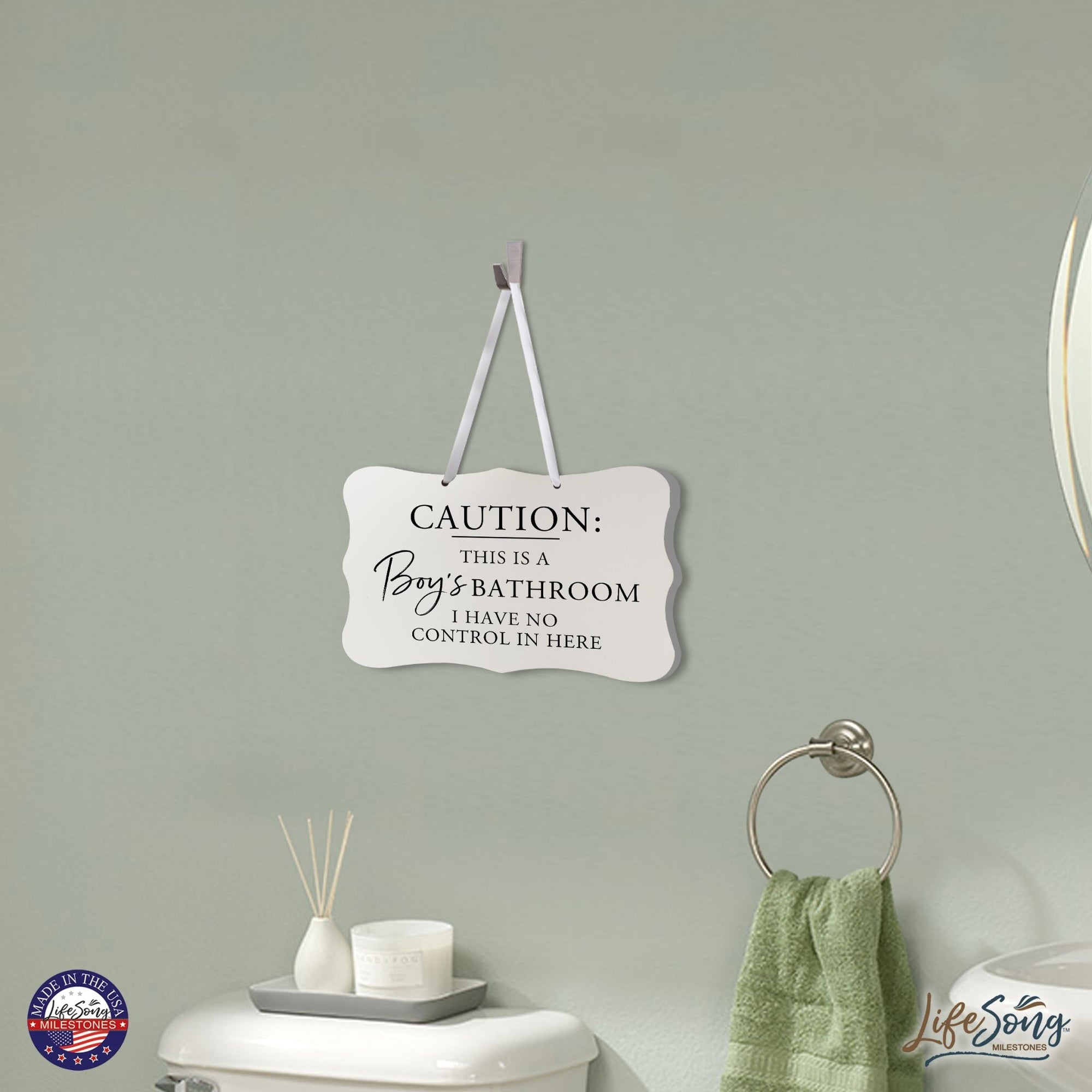 Funny Boys Bathroom Wooden Wall Sign -Caution Boys Bathroom 8” x 12” - LifeSong Milestones
