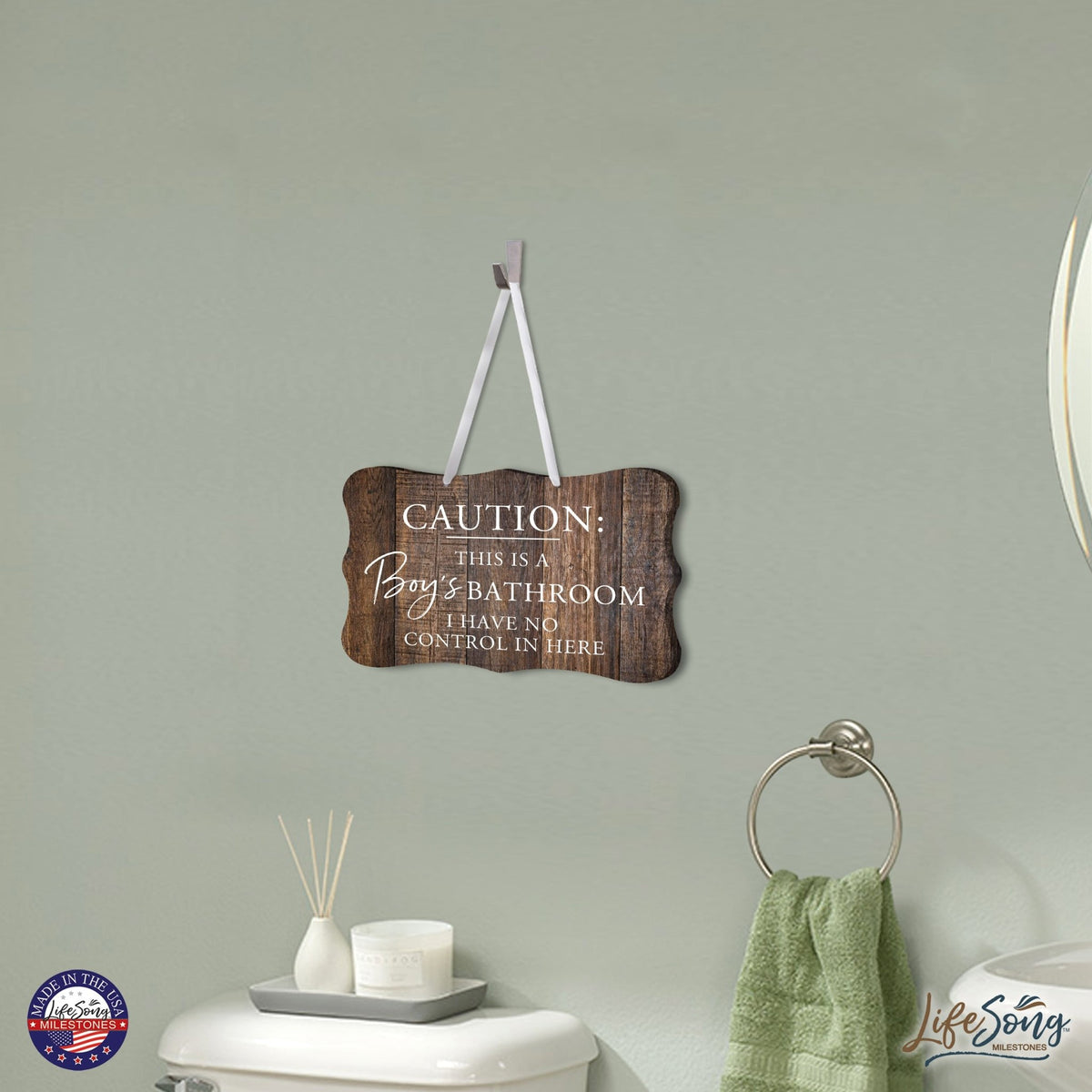 Funny Boys Bathroom Wooden Wall Sign -Caution Boys Bathroom 8” x 12” - LifeSong Milestones