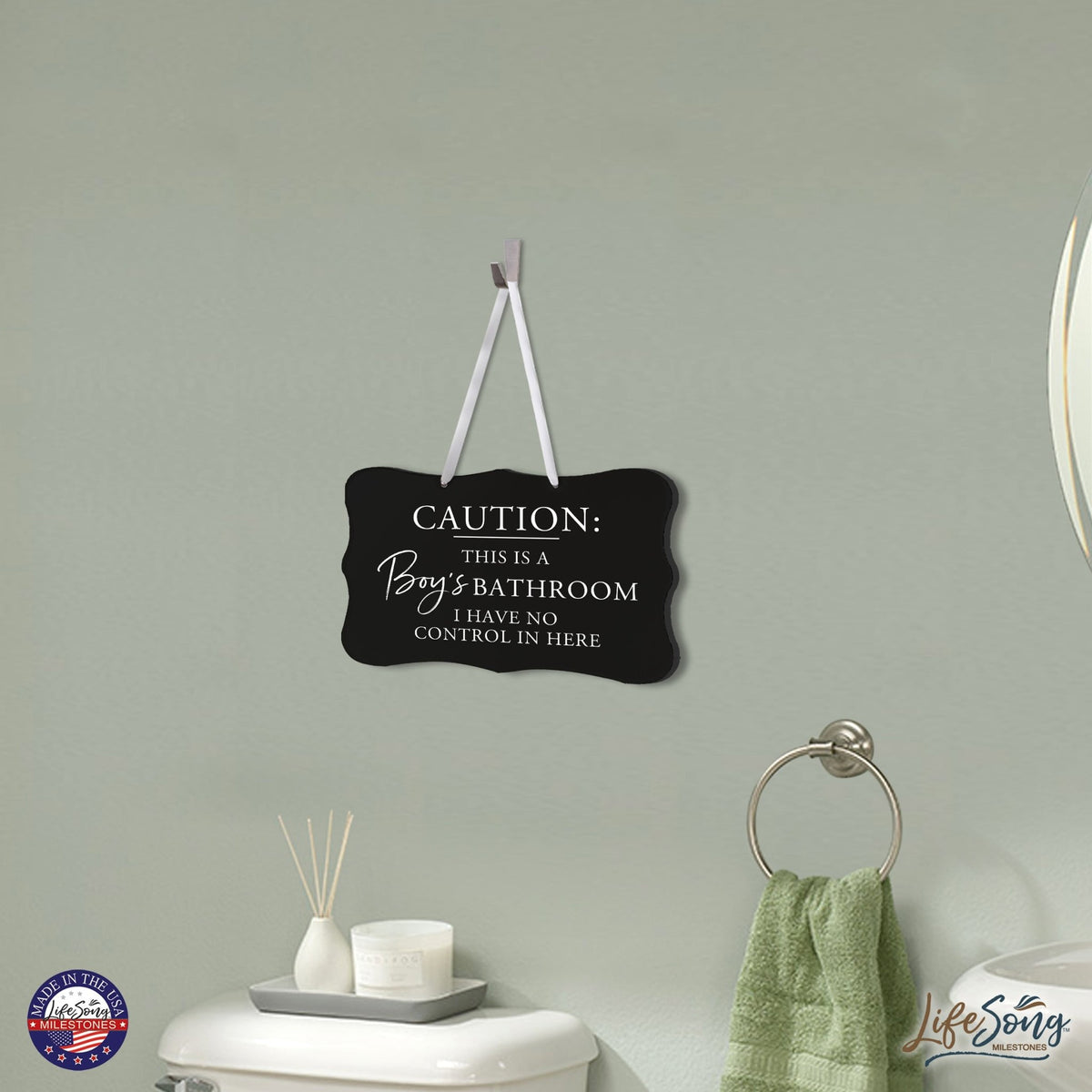 Funny Boys Bathroom Wooden Wall Sign -Caution Boys Bathroom 8” x 12” - LifeSong Milestones