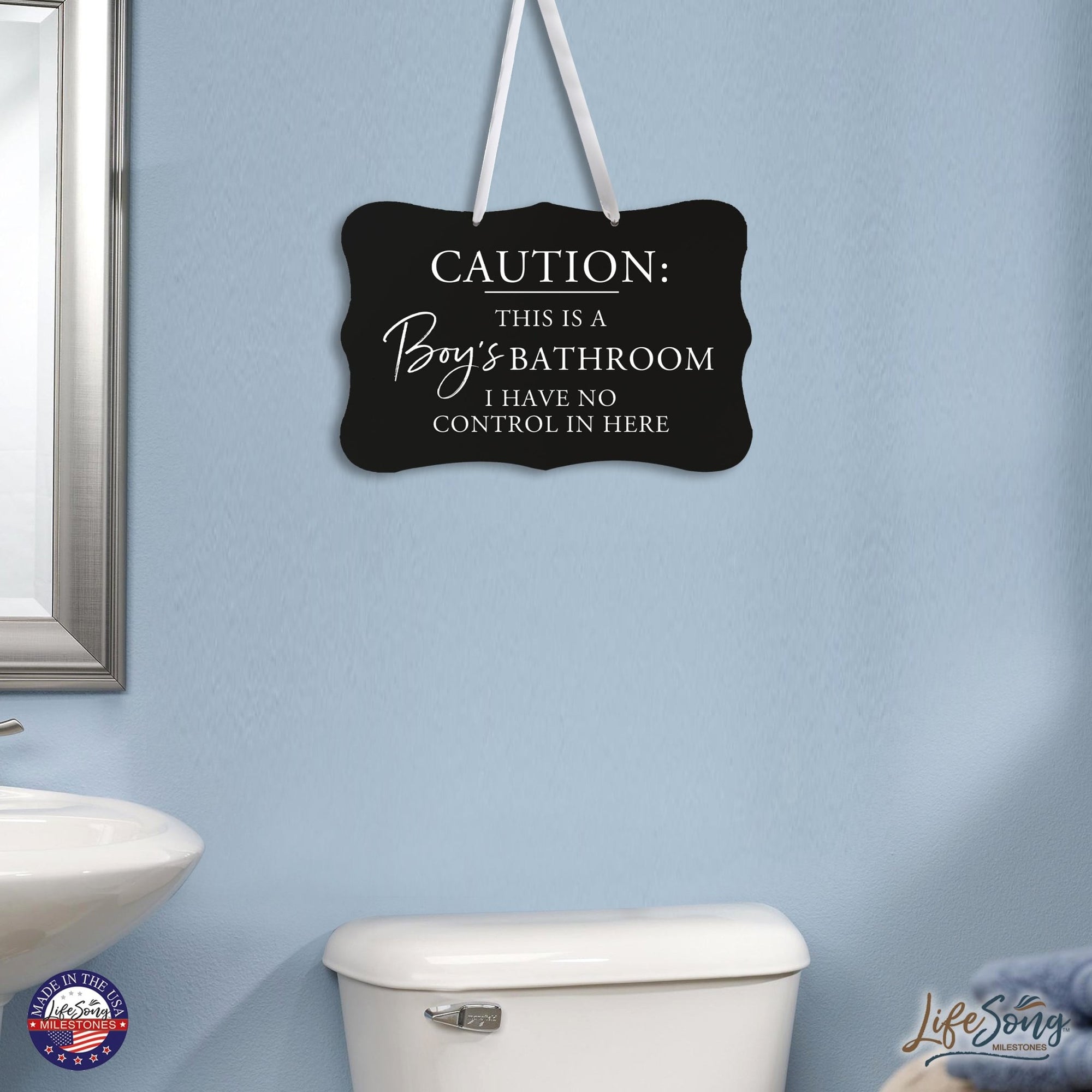 Funny Boys Bathroom Wooden Wall Sign -Caution Boys Bathroom 8” x 12” - LifeSong Milestones