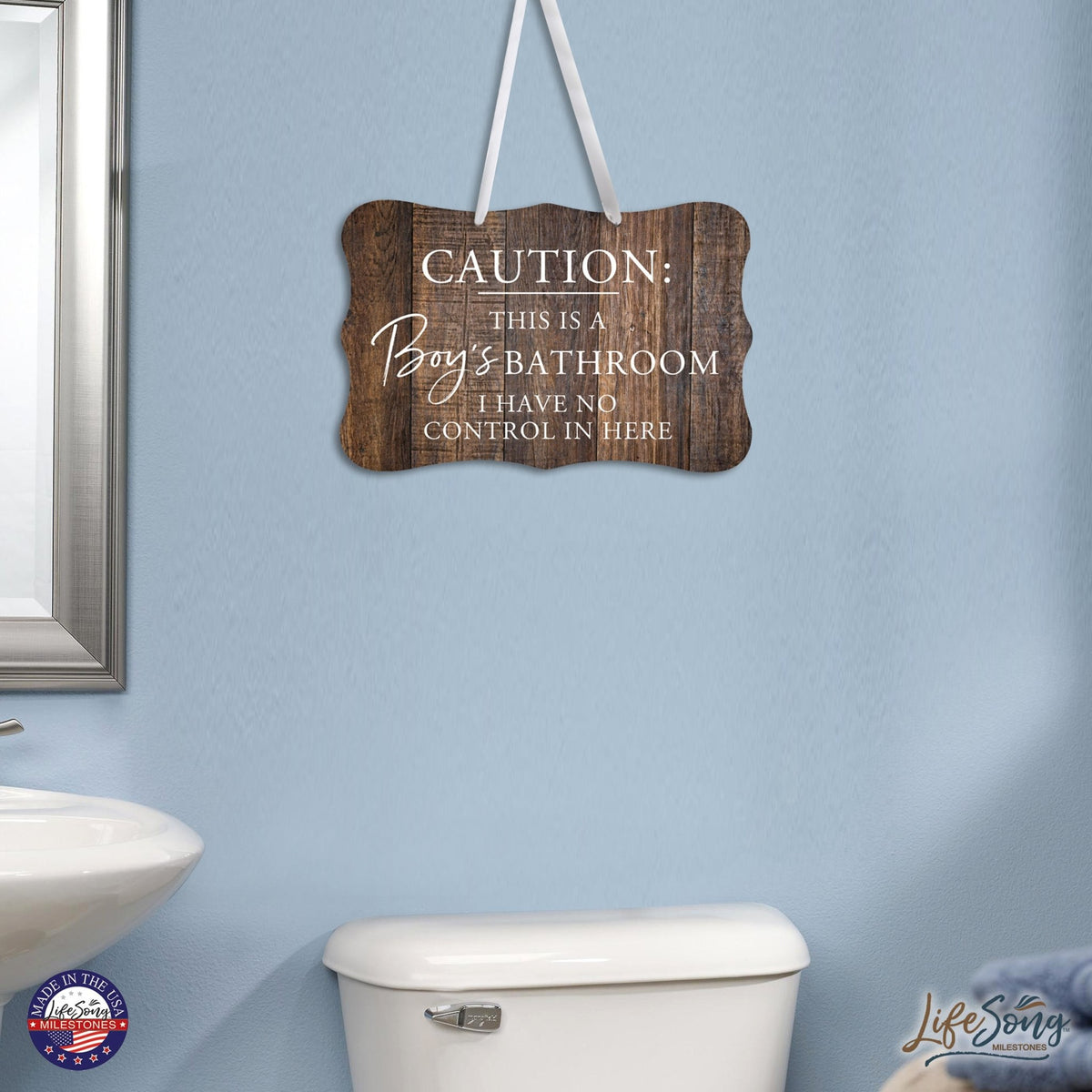 Funny Boys Bathroom Wooden Wall Sign -Caution Boys Bathroom 8” x 12” - LifeSong Milestones