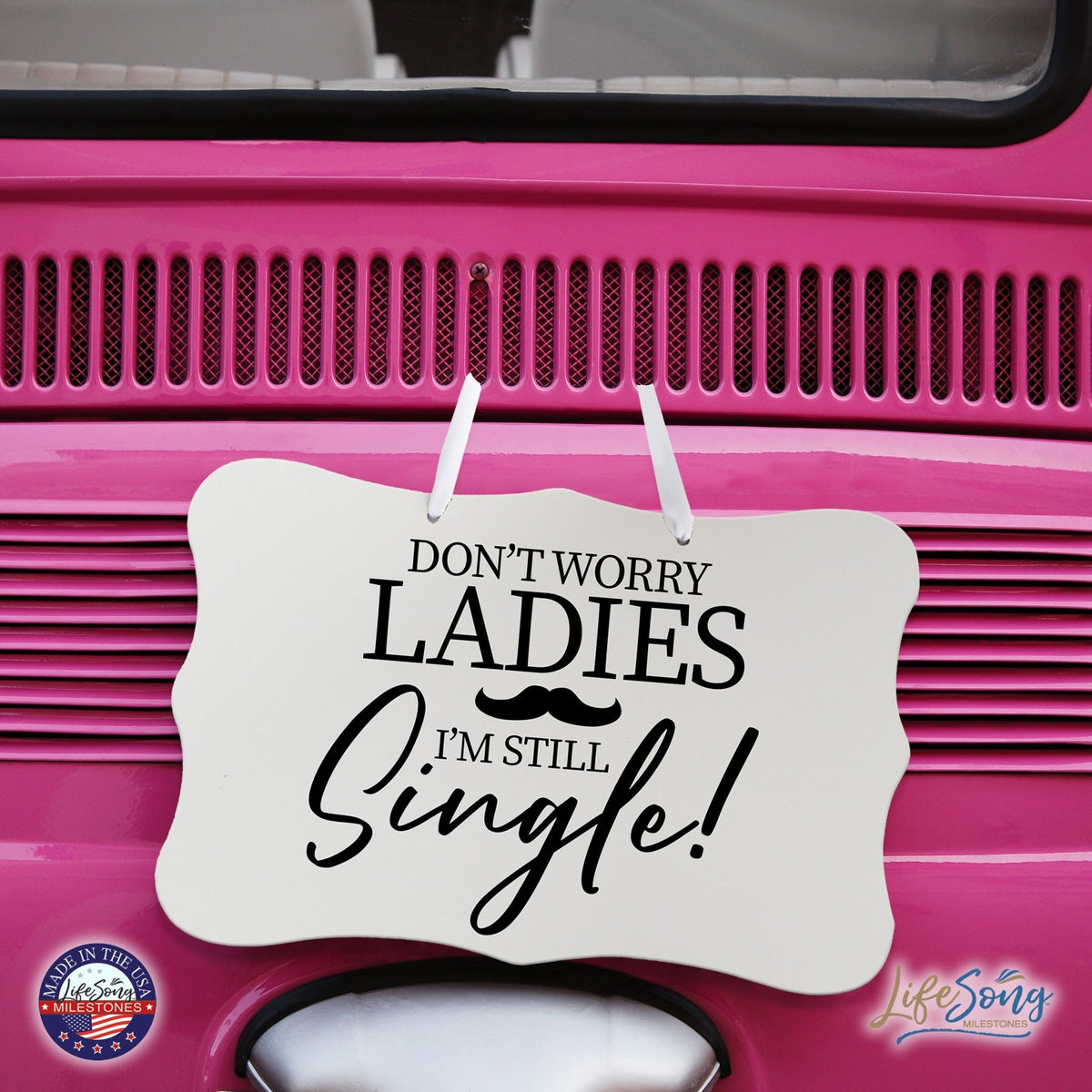 Funny Modern Wooden Ribbon Wall Sign For Ladies 8x12 - Don’t Worry Ladies (Mustache) - LifeSong Milestones