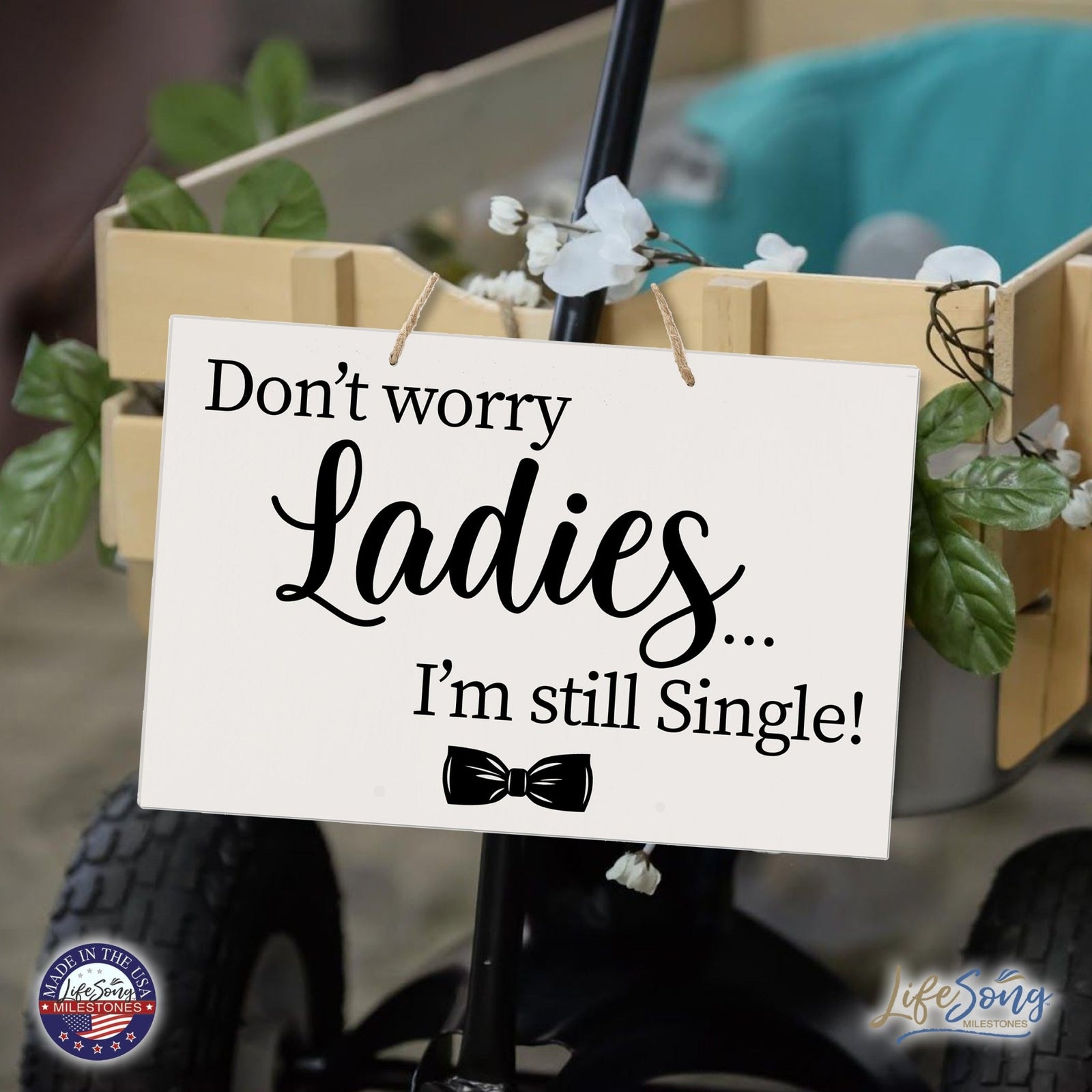 Funny Modern Wooden Rope Wall Sign For Ladies 8x12 - Don’t Worry Ladies… I’m Still Single - LifeSong Milestones