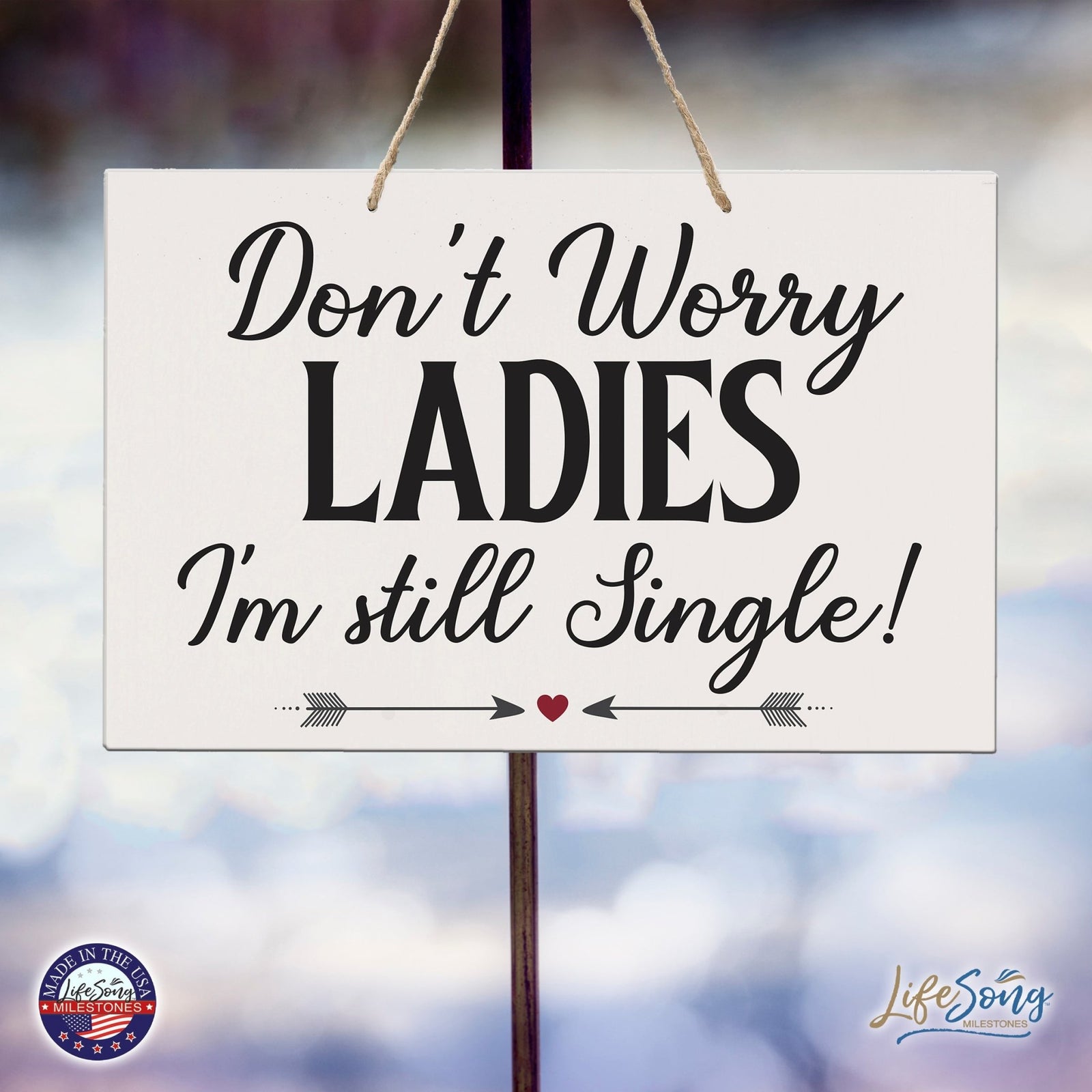 Funny Modern Wooden Rope Wall Sign For Ladies 8x12 - Don’t Worry Ladies… I’m Still Single - LifeSong Milestones