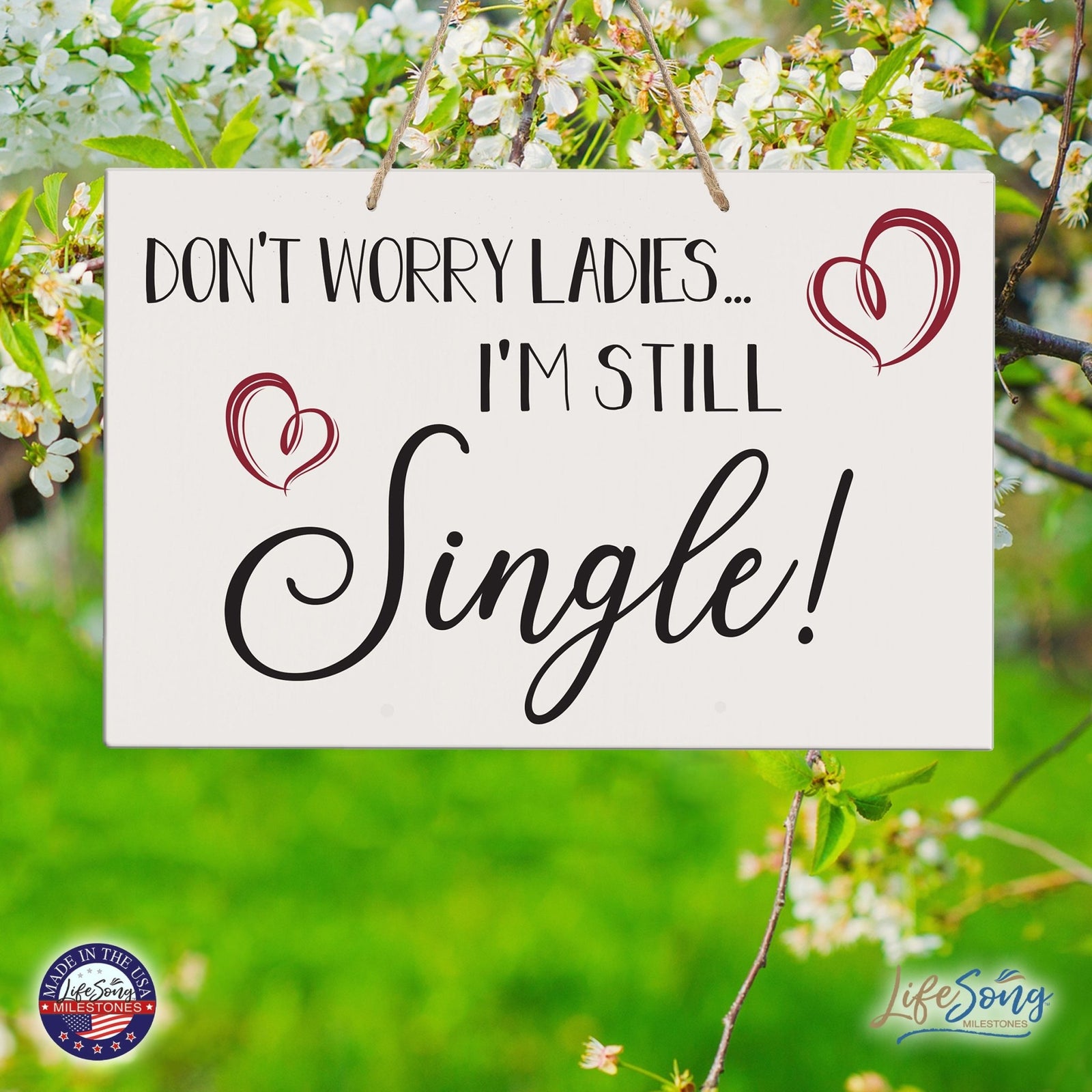 Funny Modern Wooden Rope Wall Sign For Ladies 8x12 - Don’t Worry Ladies… I’m Still Single - LifeSong Milestones