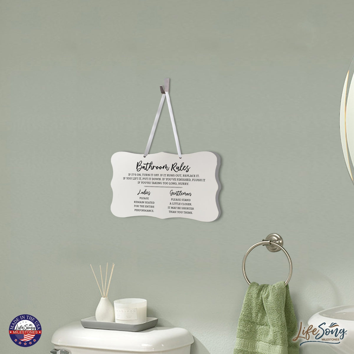 Funny Wooden Ribbon Sign Wall Decor 8” x 12” (Bathroom Rules Ladies) - LifeSong Milestones