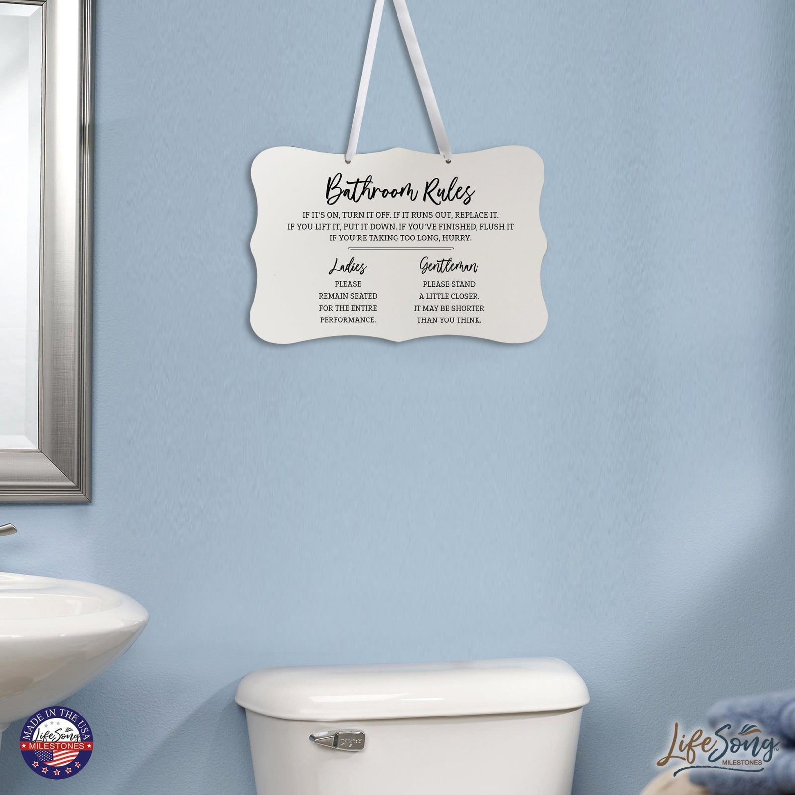 Funny Wooden Ribbon Sign Wall Decor 8” x 12” (Bathroom Rules Ladies) - LifeSong Milestones